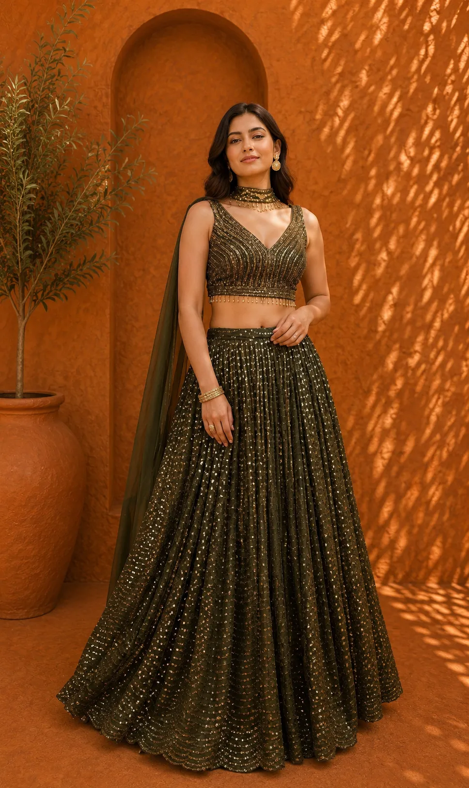 Basanti Kapde & Koffee Olive Lehenga