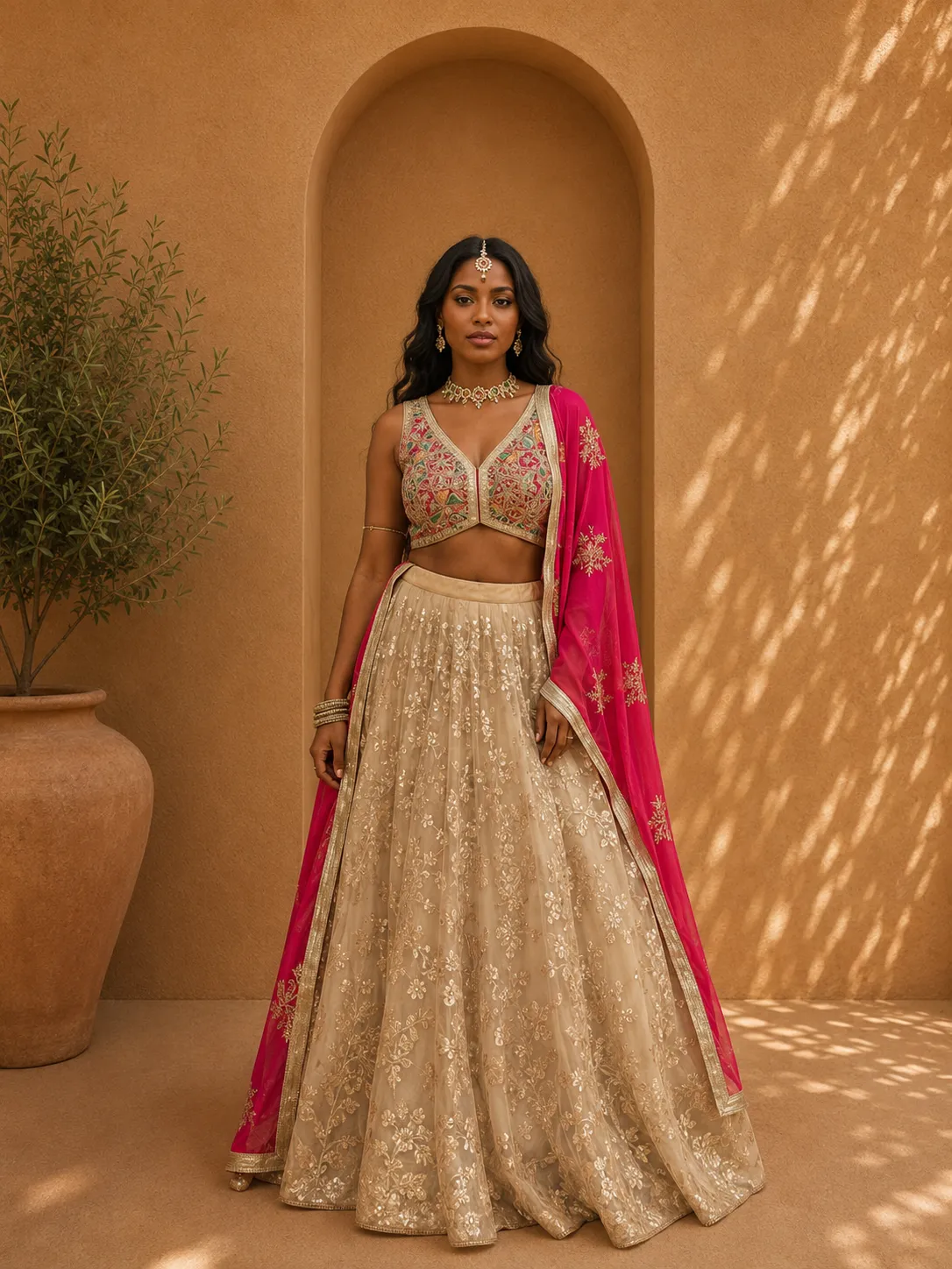Red Blouse & Gold Lehenga Skirt