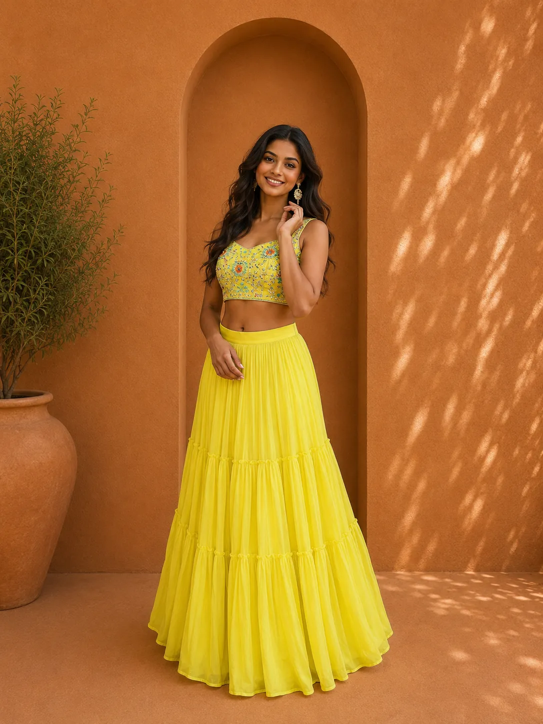 Neon Yellow Lehenga with Cape