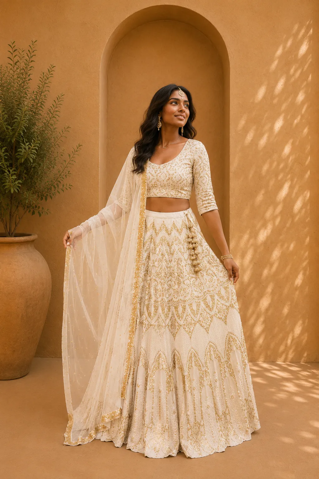 White Lehenga with Gold hand embroidery