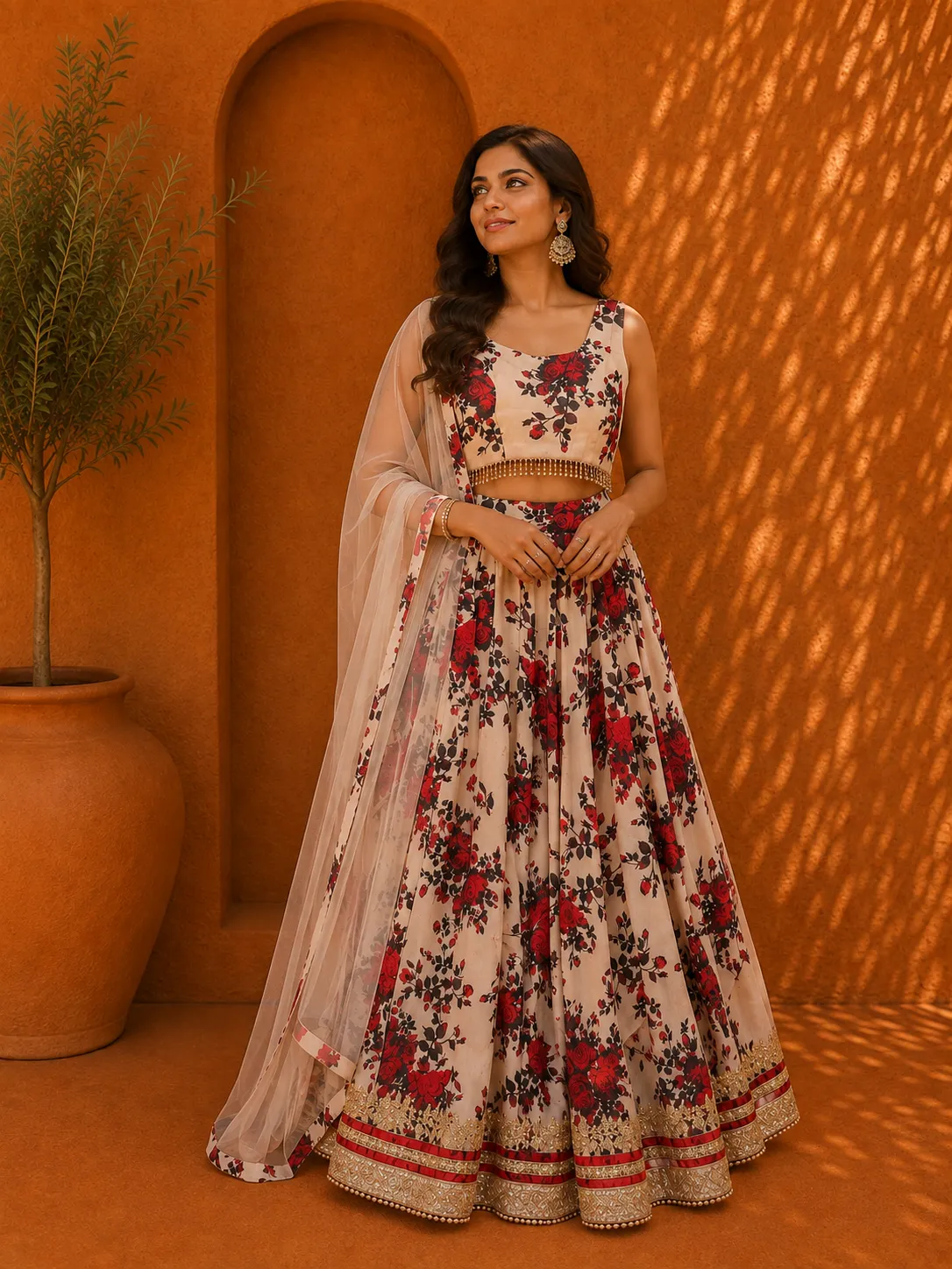 Beige Floral Lehenga