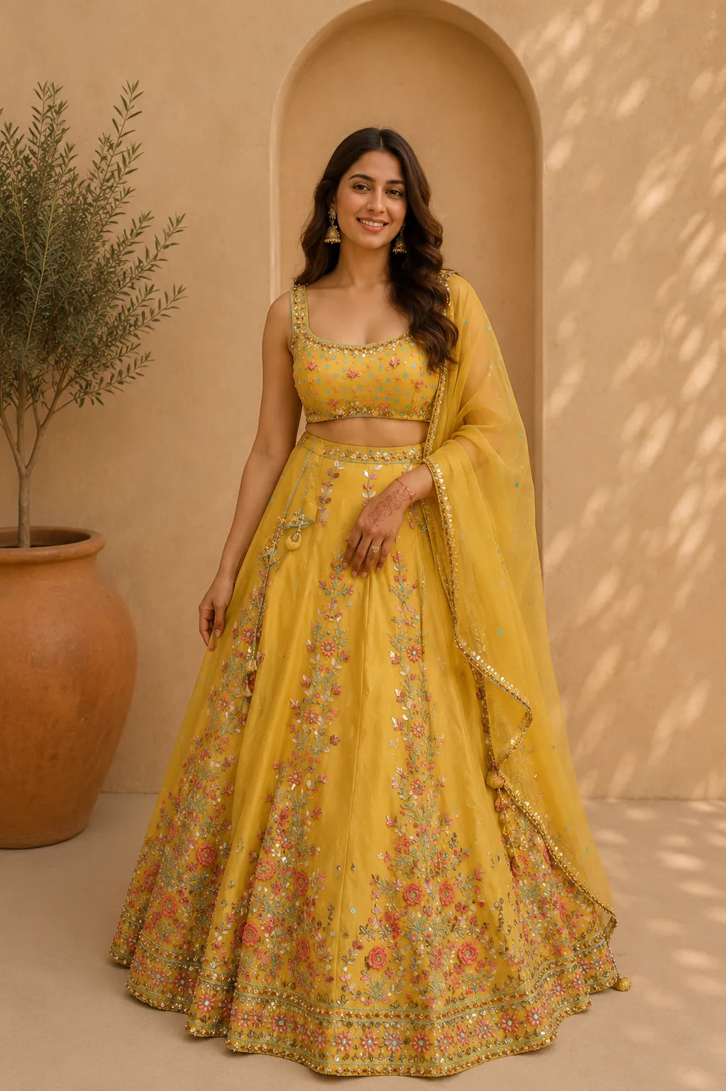 Yellow Lehenga with Colourful Embroidery