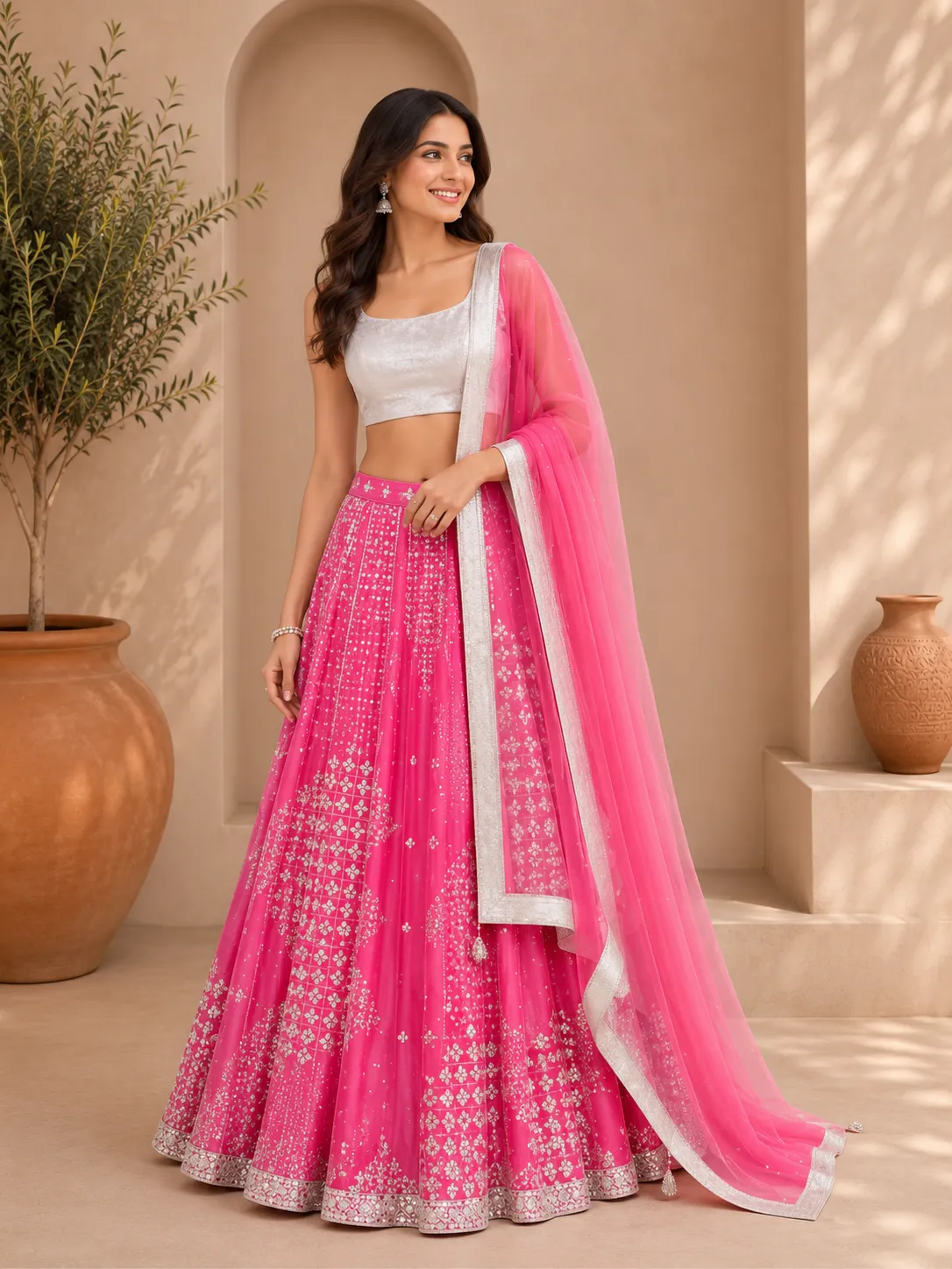Pink Lehenga Set with Silver Blouse