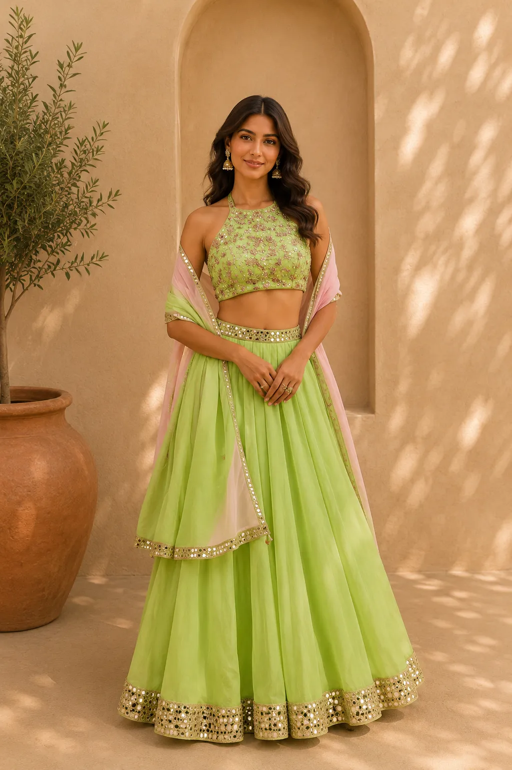 Essay by Sumedha Agarwal Green Organza Mirror Lehenga 