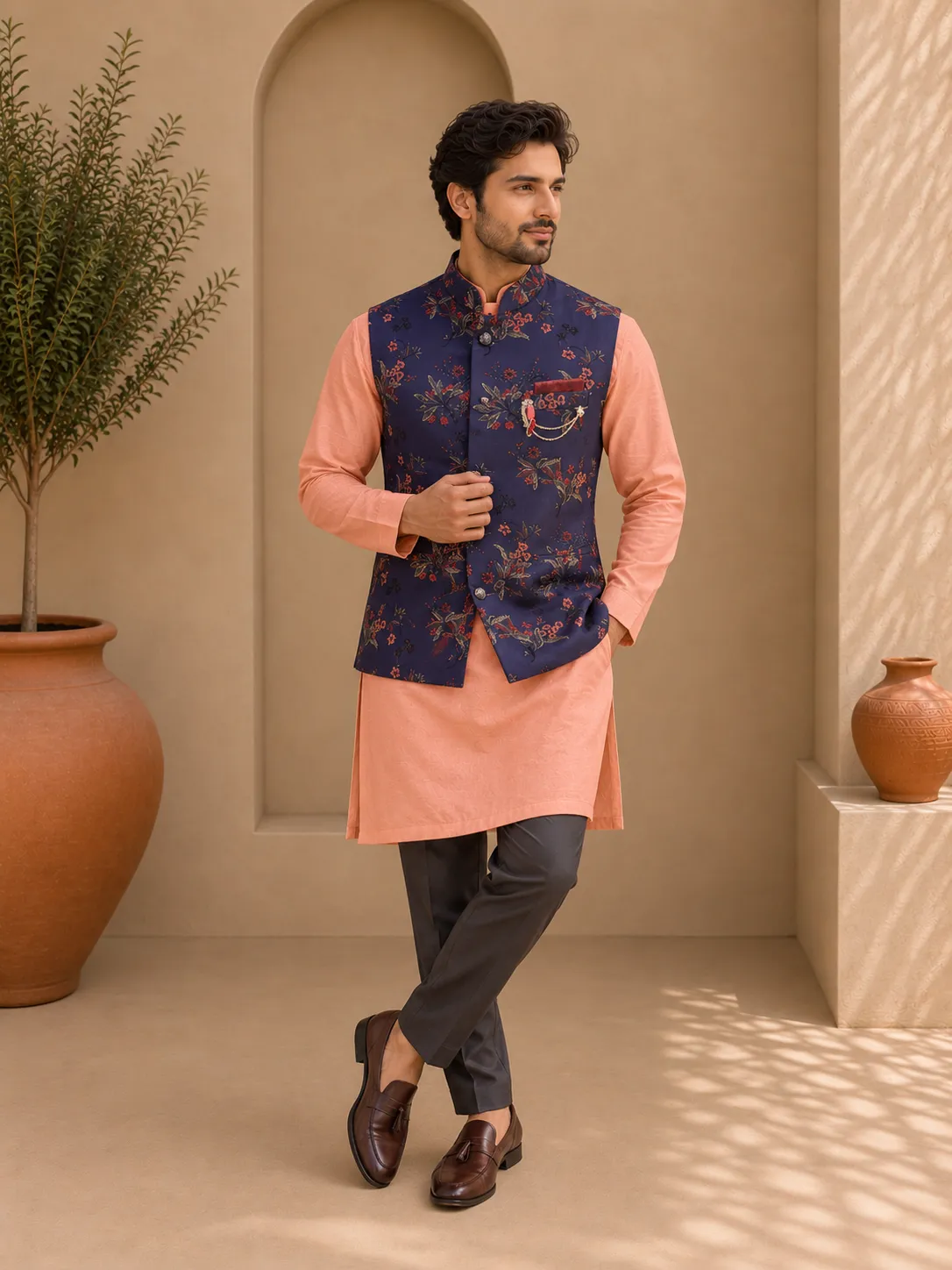 Peach Kurta & Navy Floral Jacket