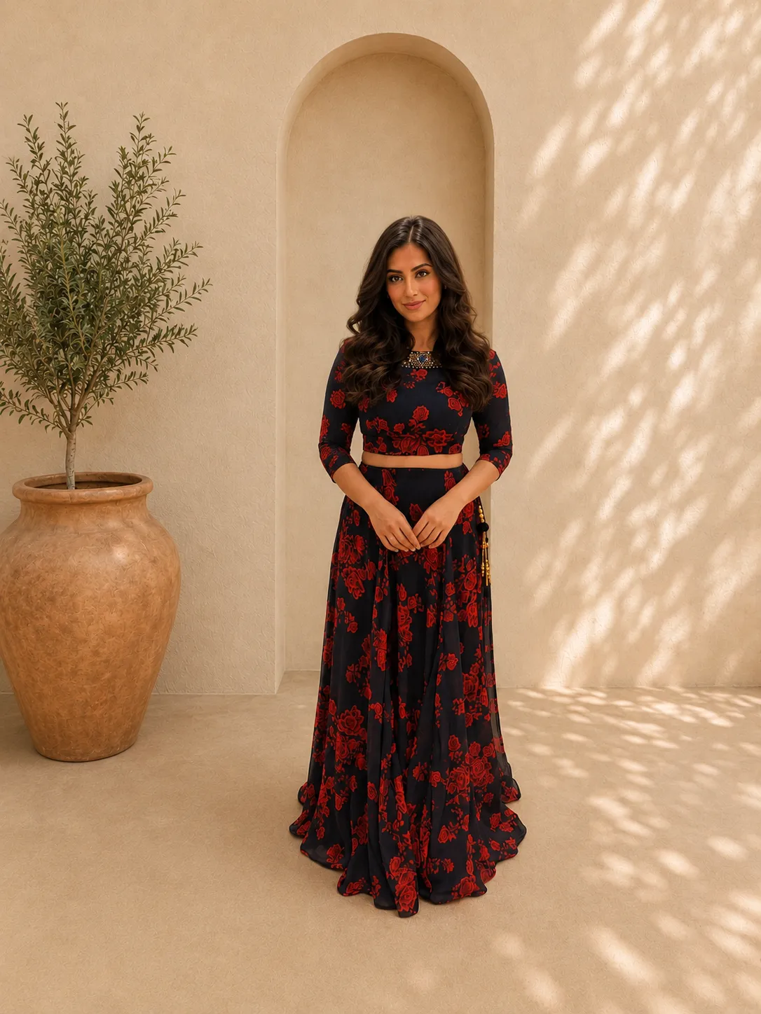 Floral Navy & Red Lehenga 