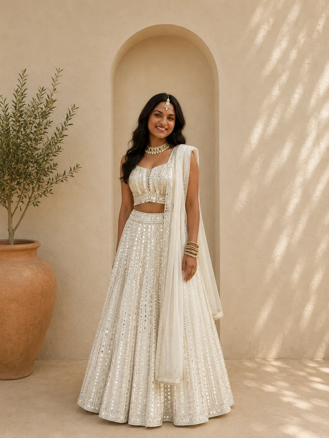 White Mirrorwork Lehenga