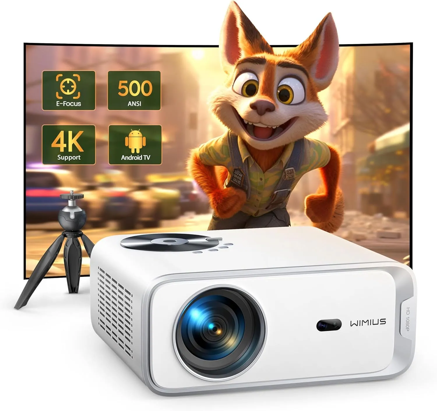 Projector 4K with Android TV, WiMiUS P63 Smart Projector with WiFi 6 and Bluetooth, Native 1080P with Tripod, Keystone/Zoom, Outdoor Projector with Netflix/YouTube Built-in, 8000+ Apps