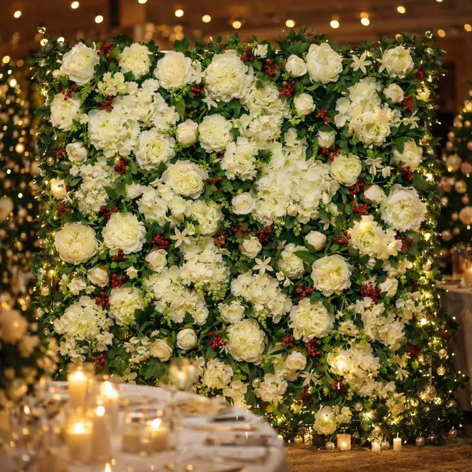 Luxury Ivory Flower Wall with Red Berries – Elegant Event Backdrop for Hire