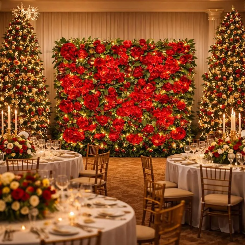 Red Flower Wall with Peonies, Hydrangeas & Red Berries – Luxury Event Backdrop for Hire