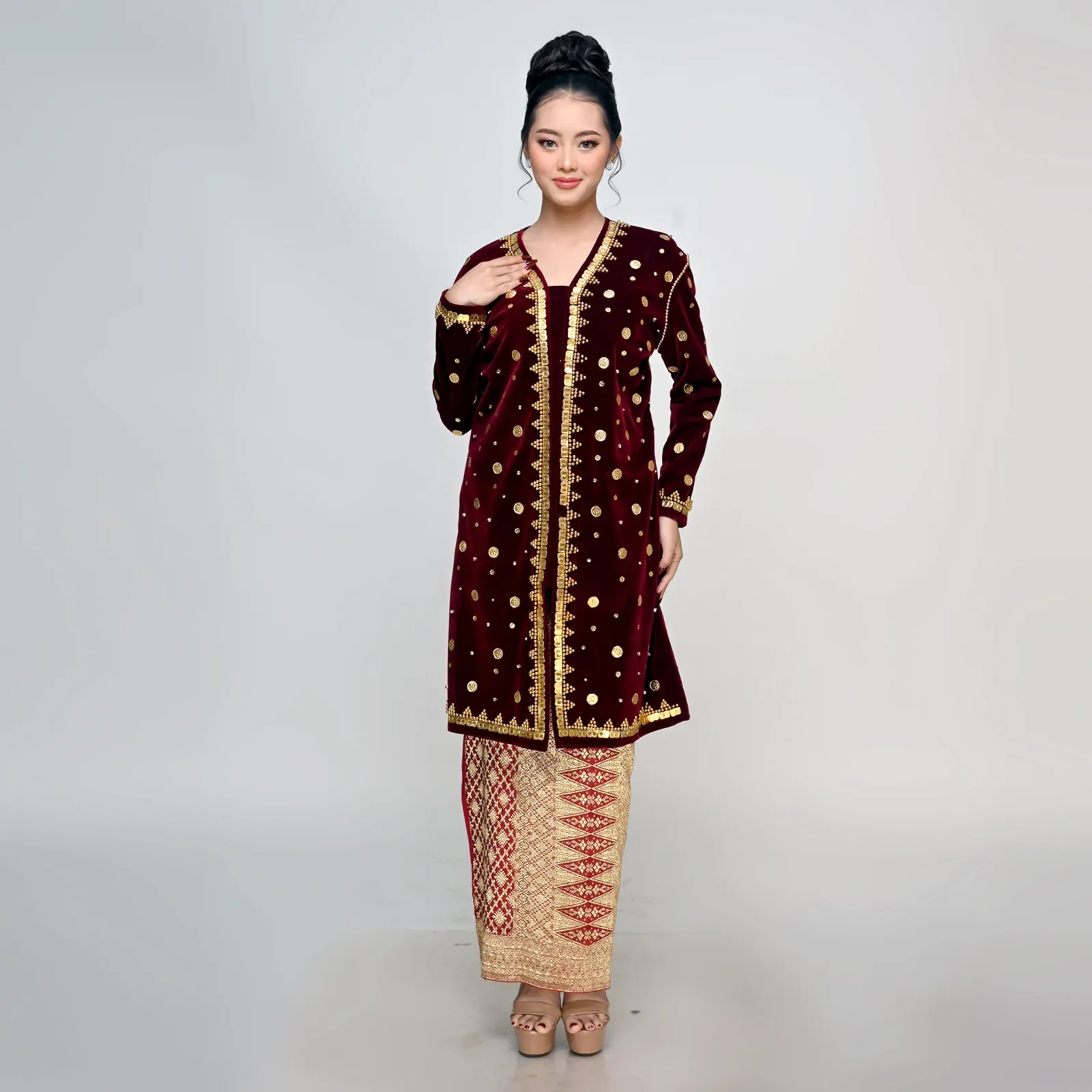 (KE-149) Kebaya Pengantin Bludru Marun Bengkulu