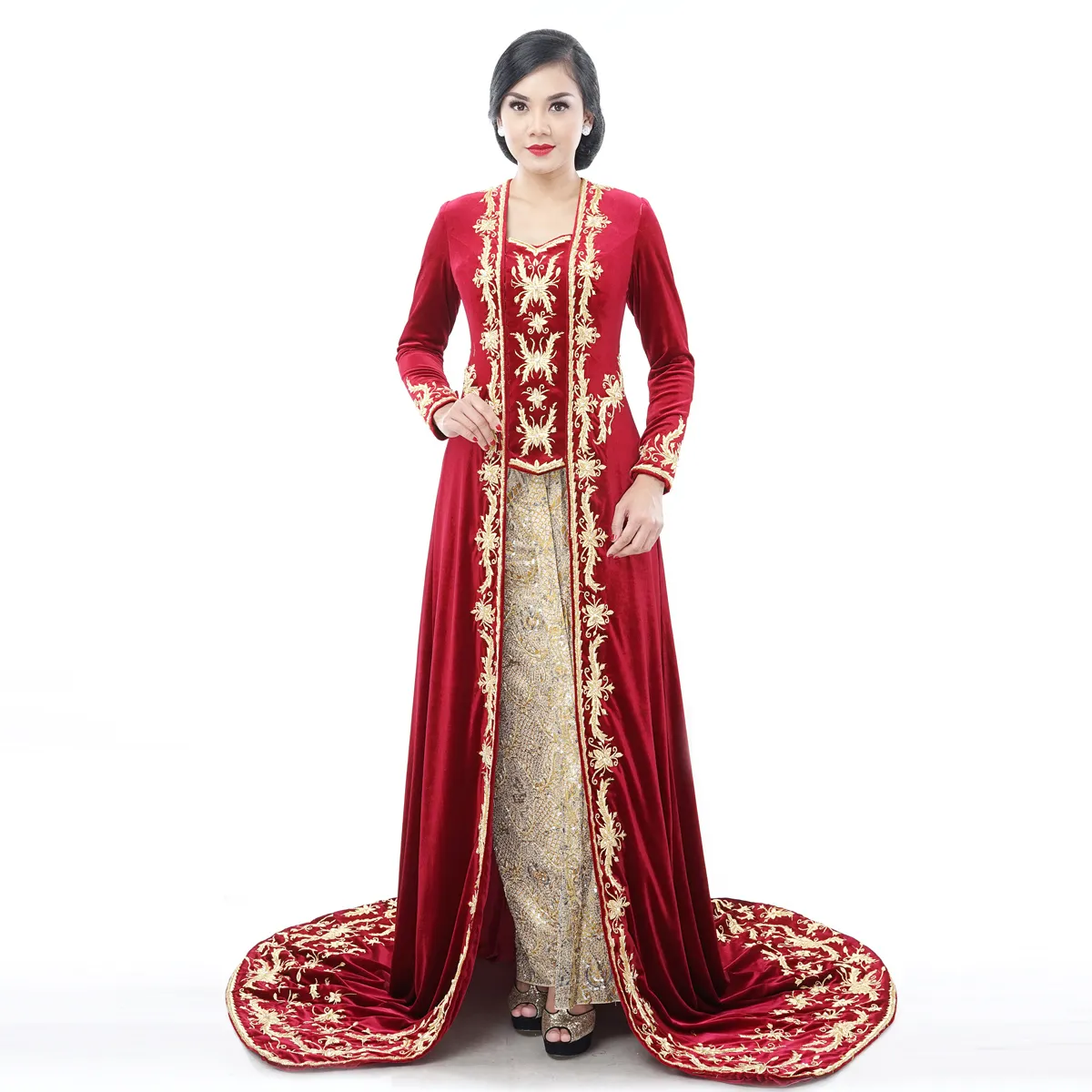 (KE-024) Kebaya Pengantin Bludru Merah Emas