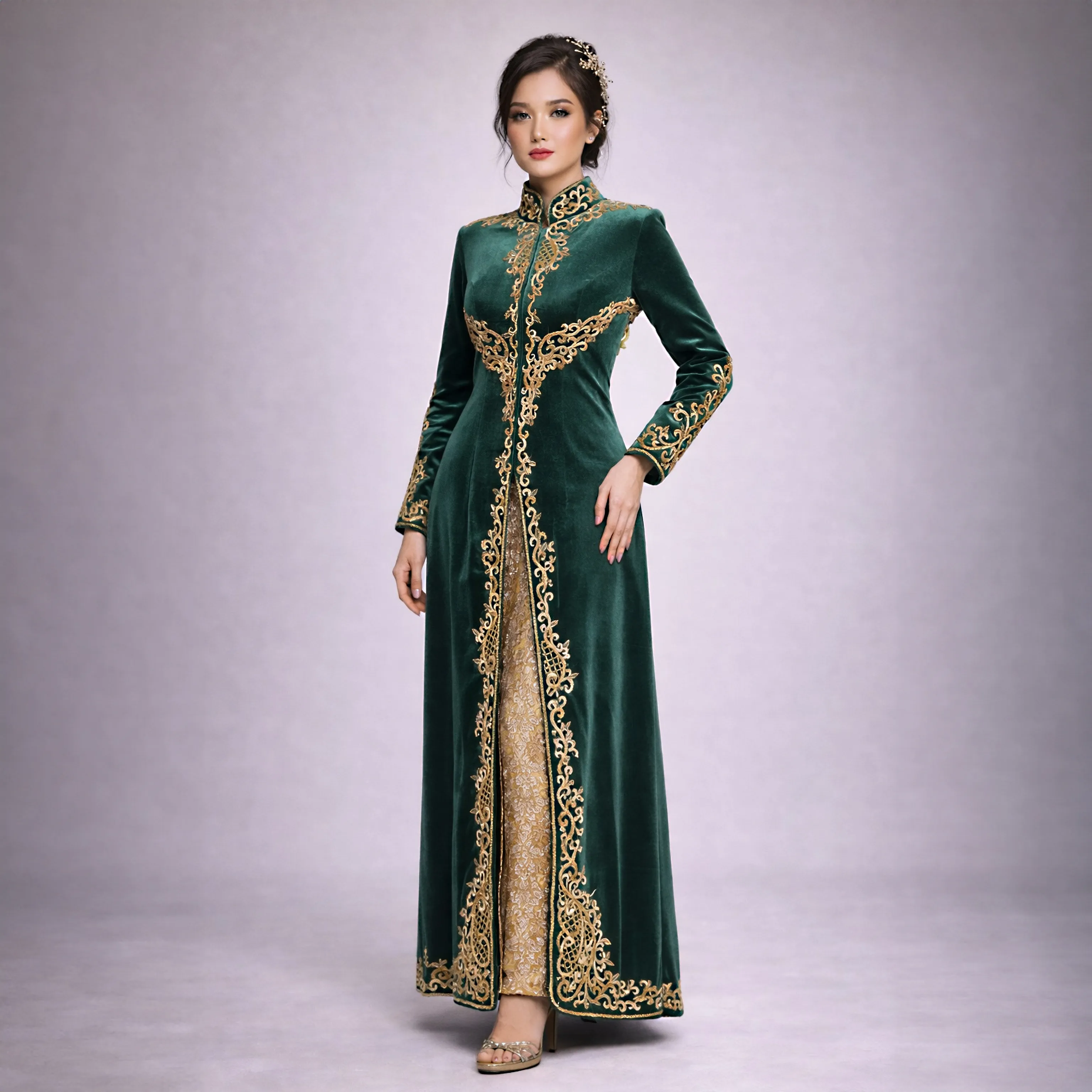 (KE-089) Kebaya Pengantin Bludru Hijau Lindah