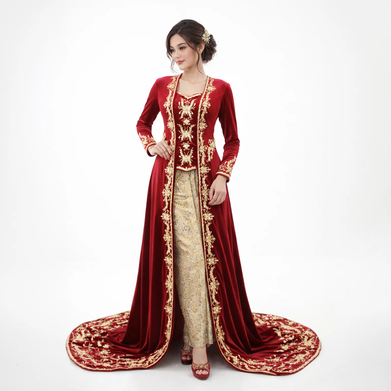 (KE-024) Kebaya Pengantin Bludru Merah Emas