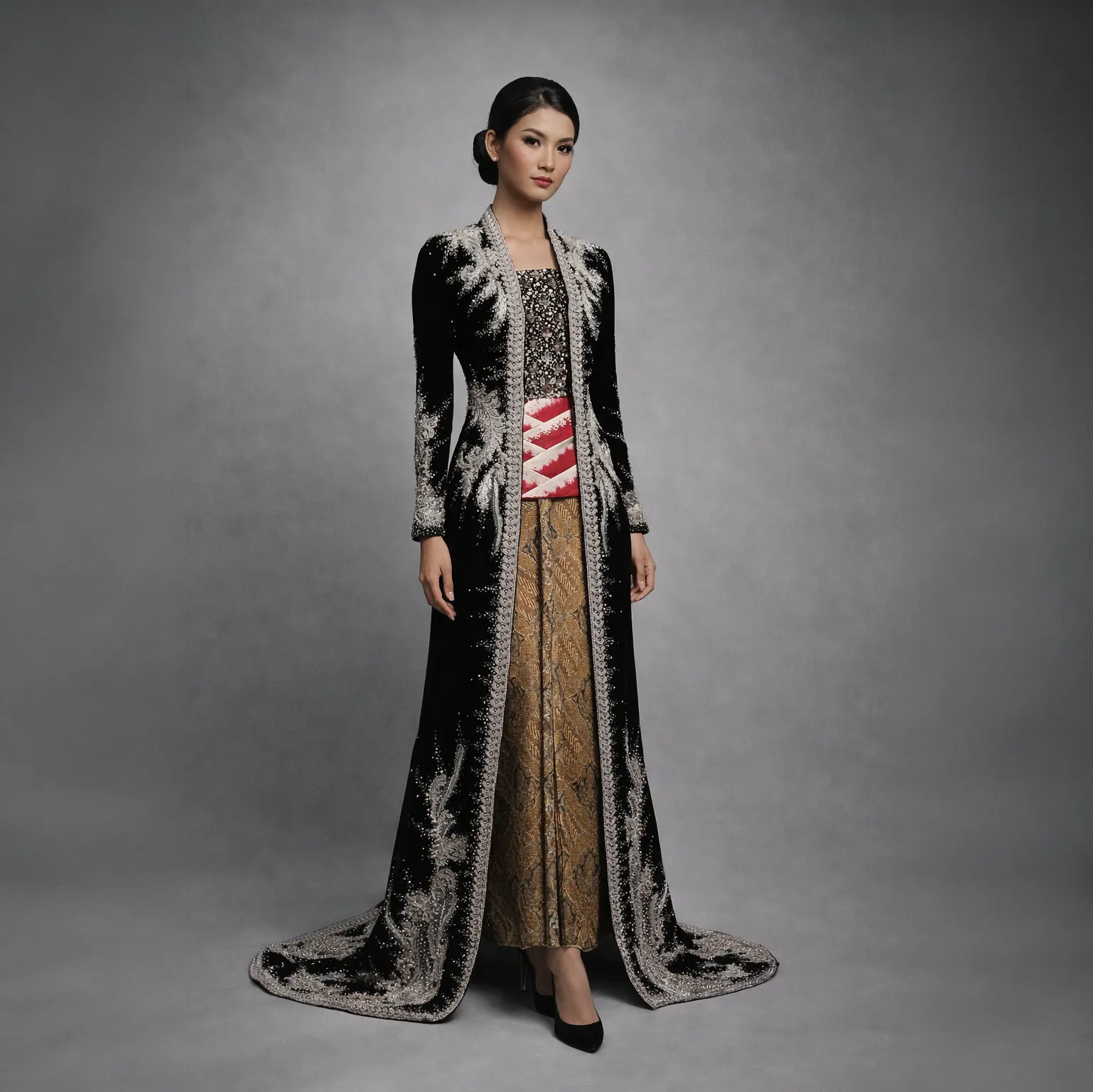 (KB-HT007) Kebaya Pengantin Bludru Hitam Payet Rosegold