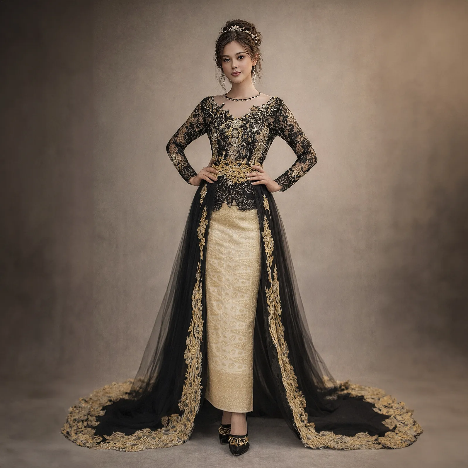 (KE-050) Kebaya Pengantin Hitam Emas Farah