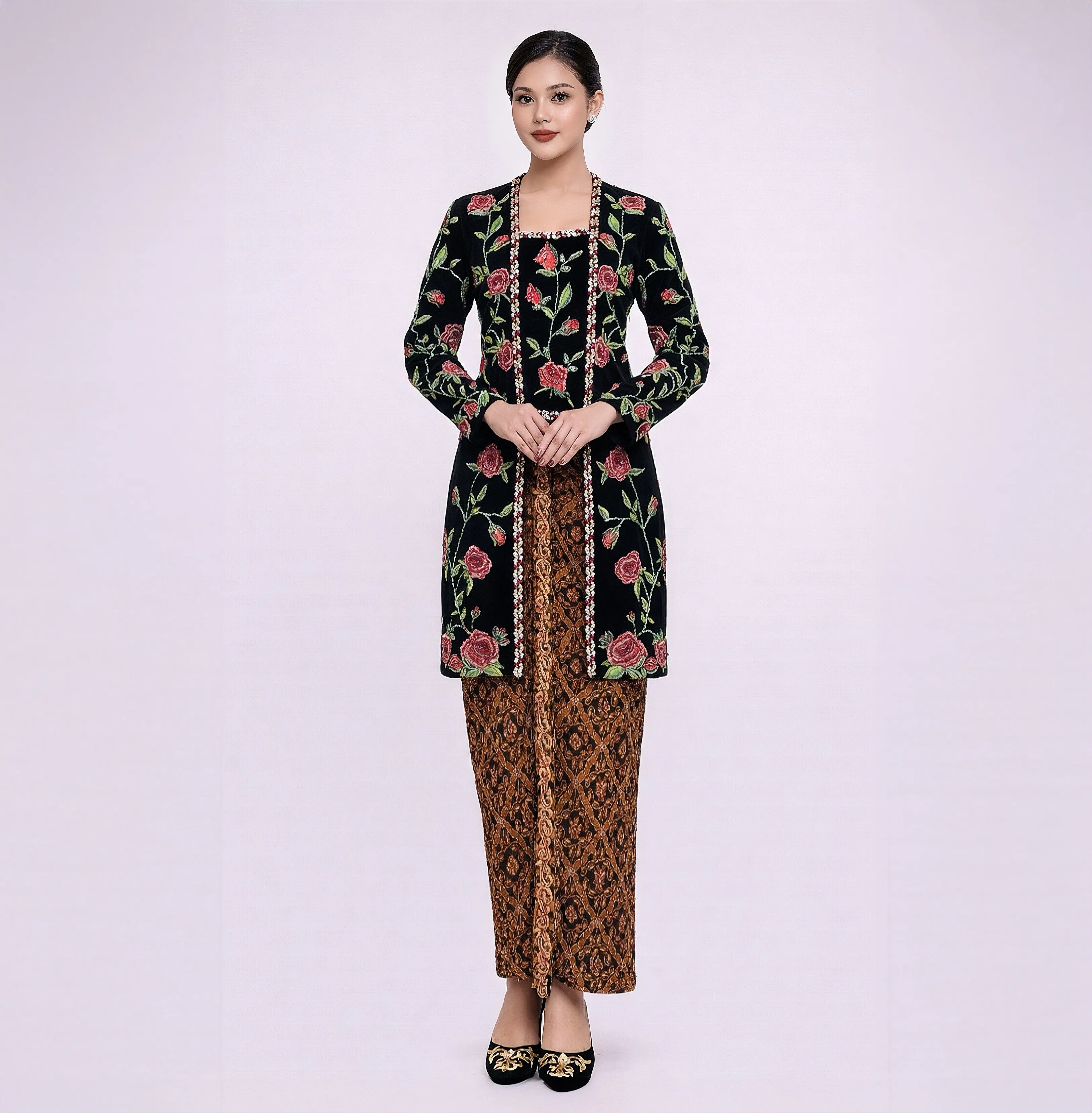 (KE-124) Kebaya Pengantin Bludru Hitam Hijau Merah (Bunga-Bunga)