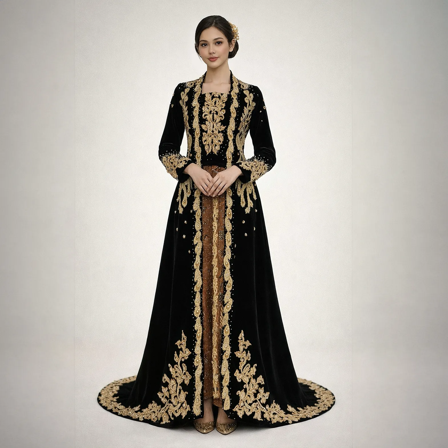 (KE-133) Kebaya Pengantin Bludru Hitam Merak 
