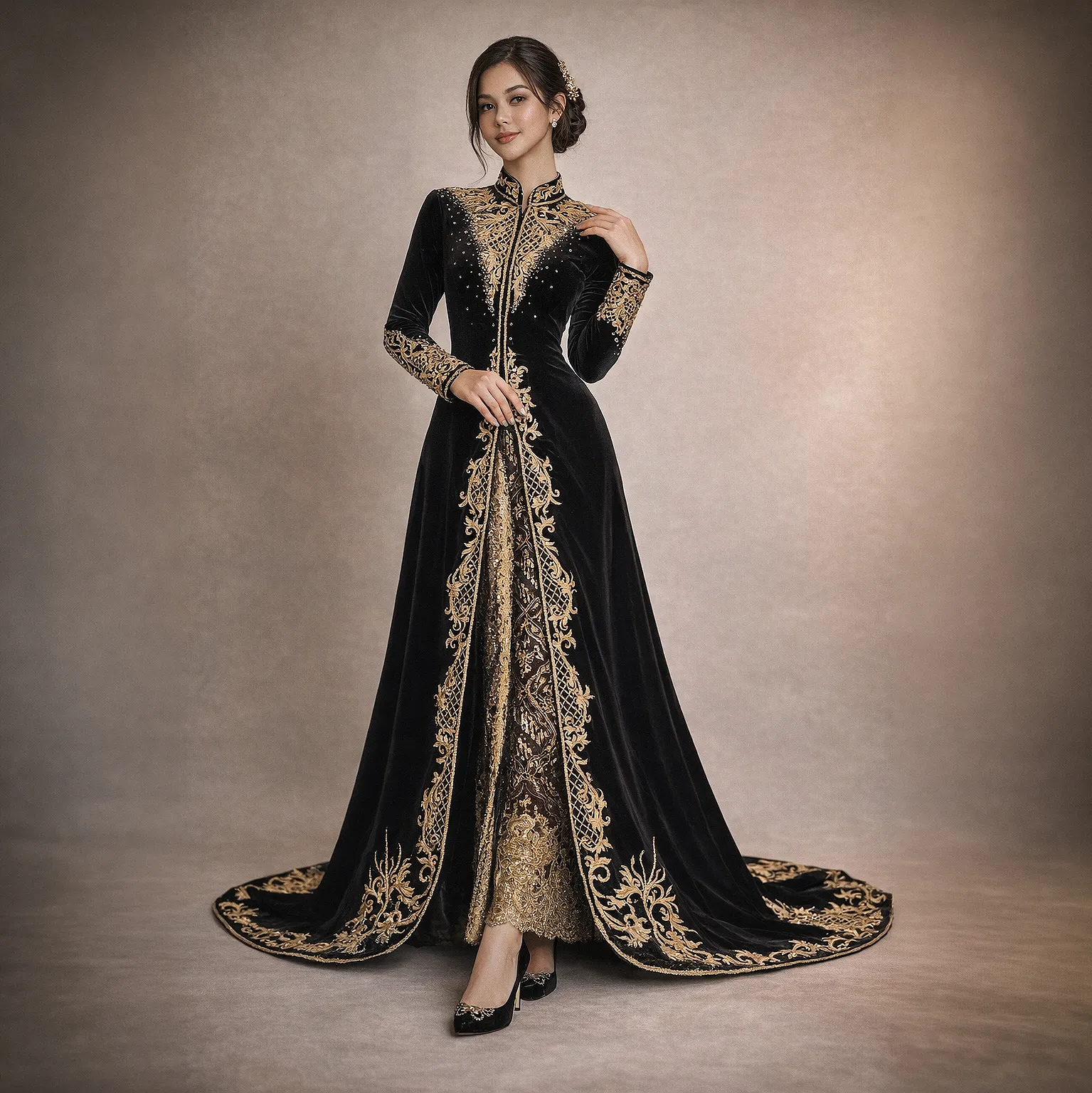 (KE-021) Kebaya Pengantin Bludru Hitam Sabrina