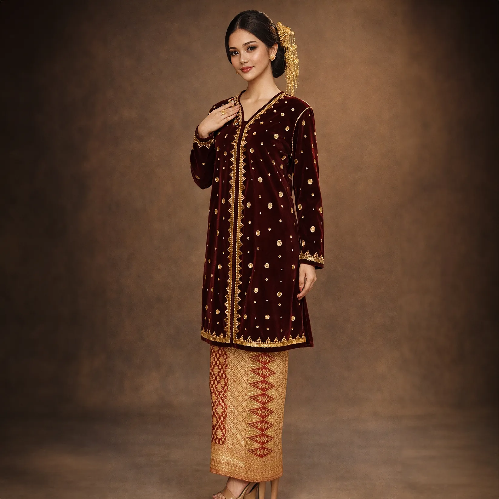 (KE-149) Kebaya Pengantin Bludru Marun Bengkulu