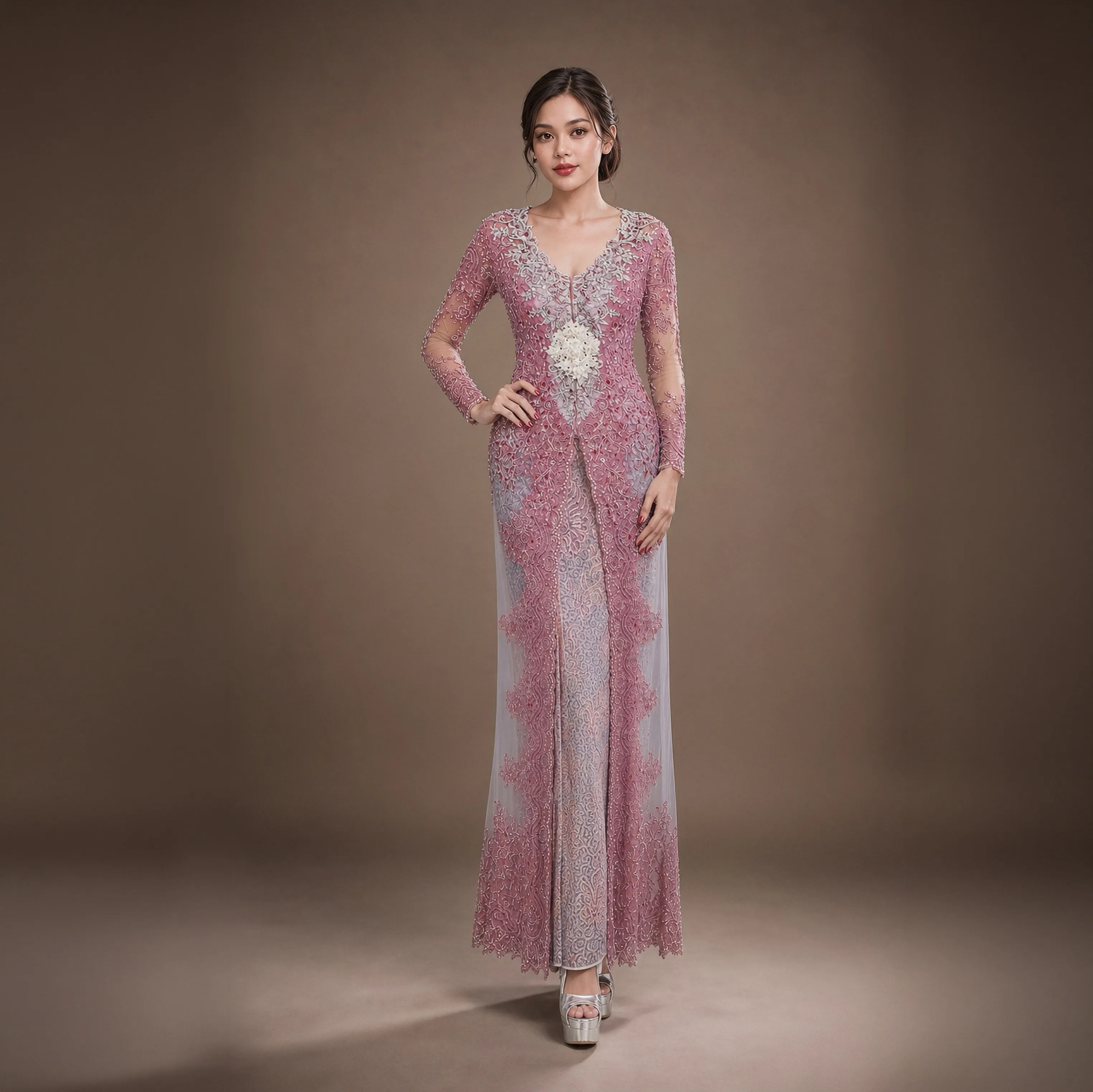 (KR-003) Kebaya Pengantin Abu Pink Rani
