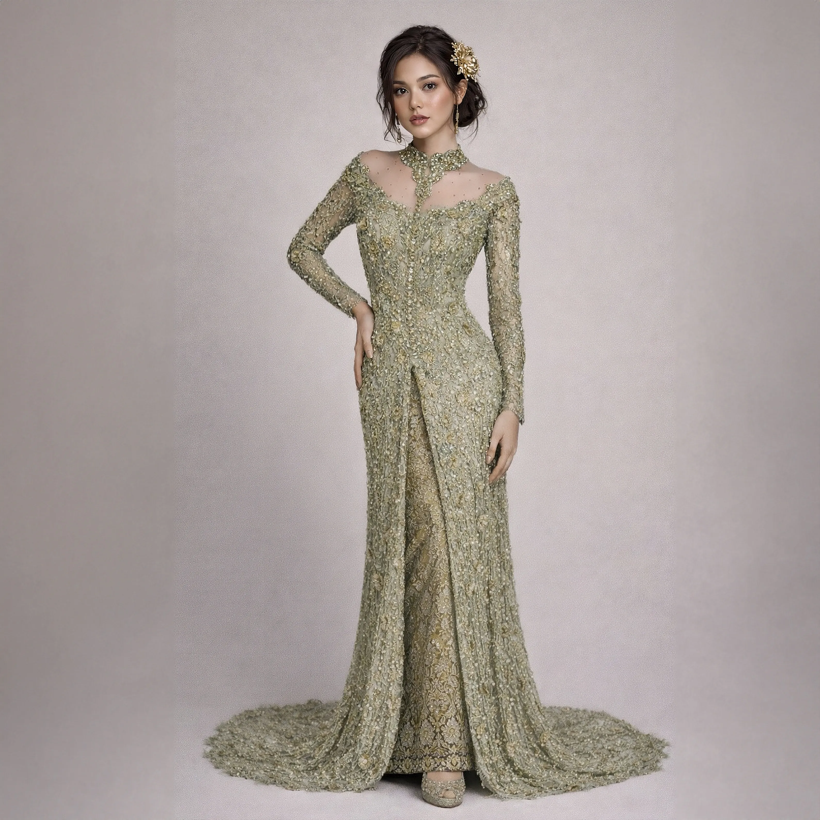 (KE-106) Kebaya Pengantin Hijau Olive Dellarosa