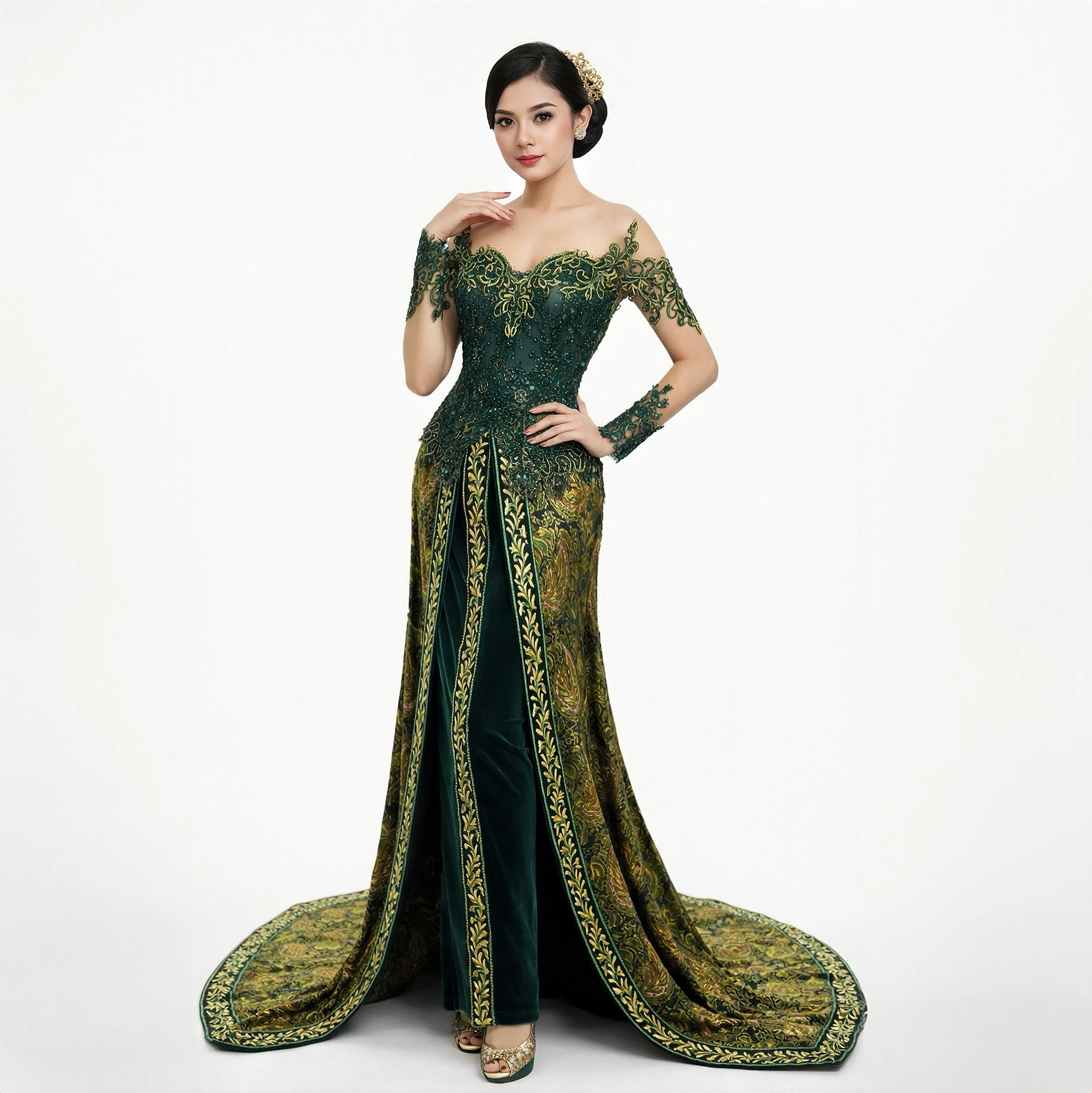 (KE-013) Kebaya Pengantin Bludru Hijau Batik