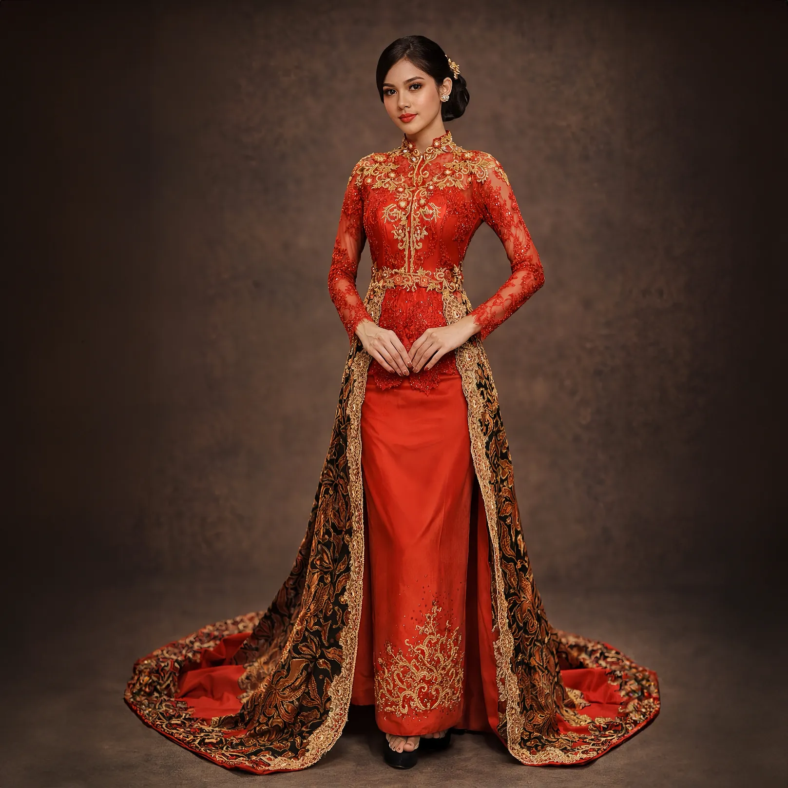 (KE-054) Kebaya Pengantin Merah Batik