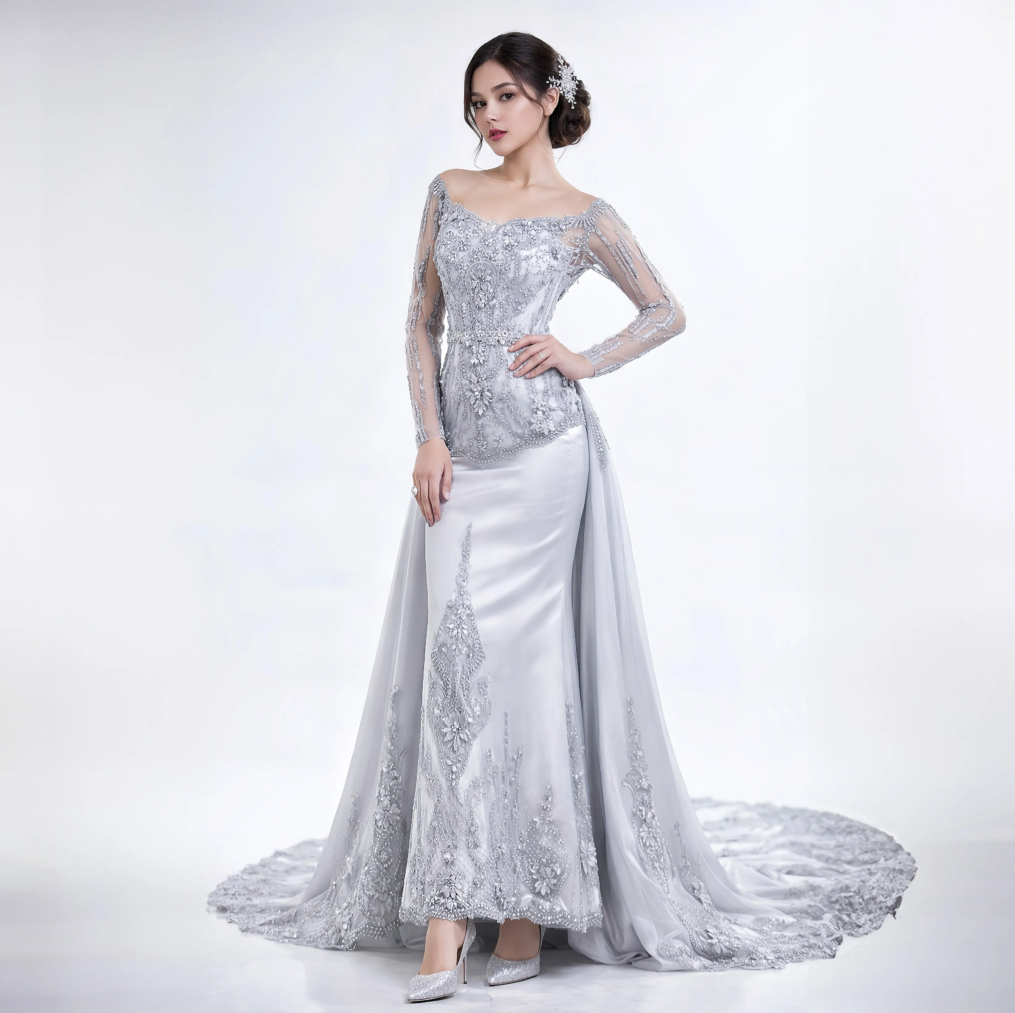 (KE-065) Kebaya Pengantin Silver Stock Baru