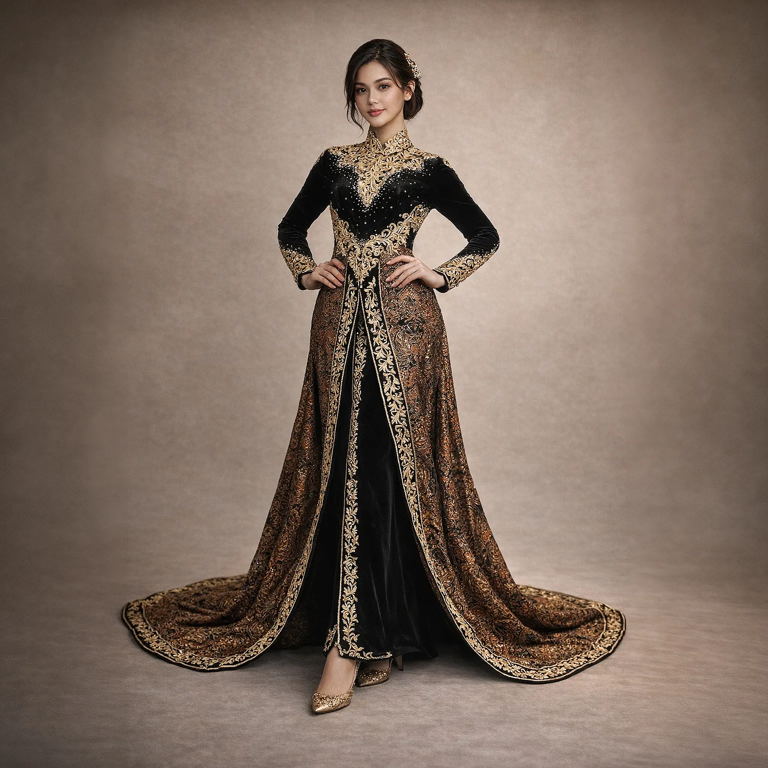 (KE-016) Kebaya Pengantin Bludru Hitam Batik Baru