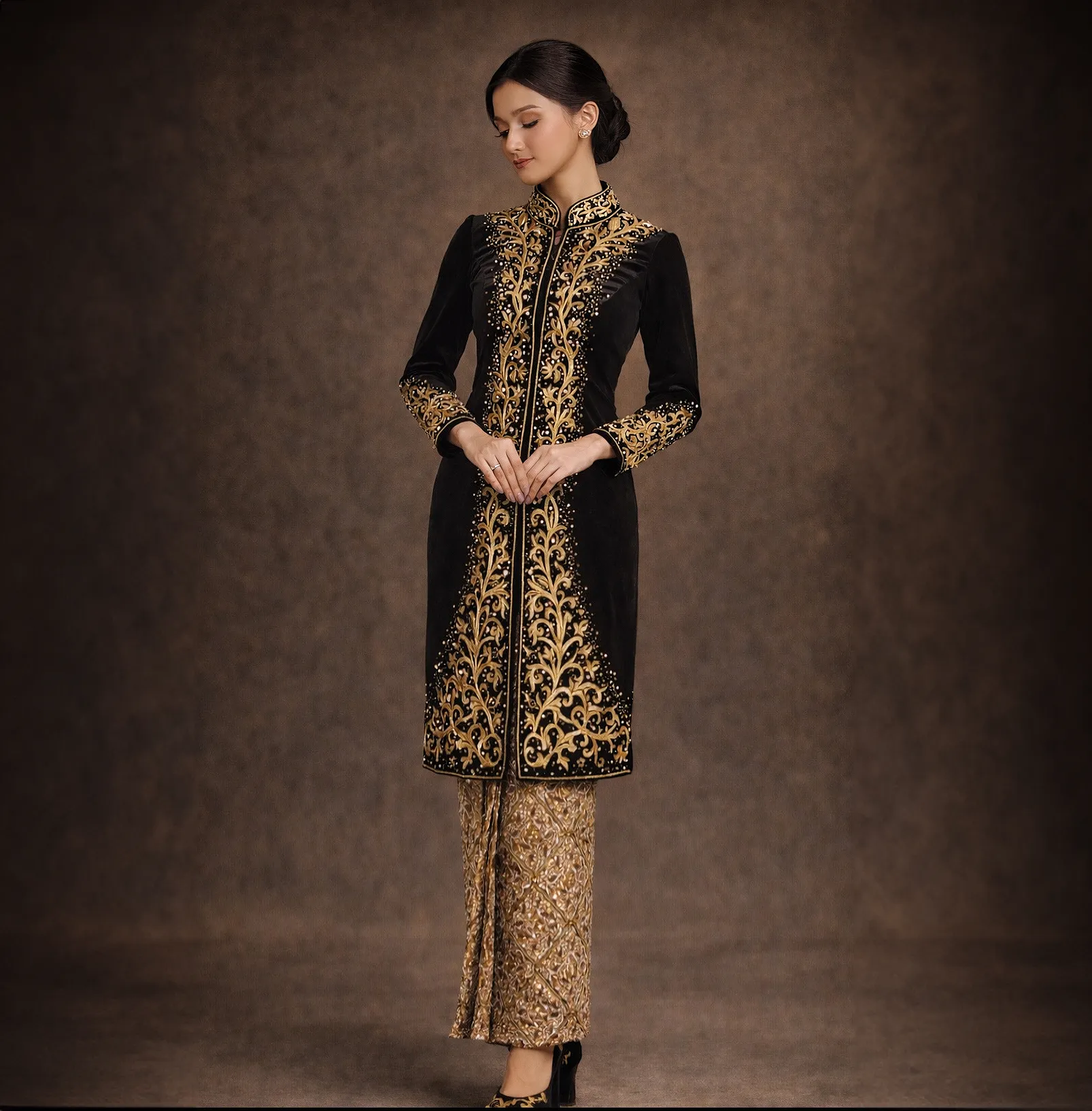(KE-085) Kebaya Pengantin Bludru Hitam Alim
