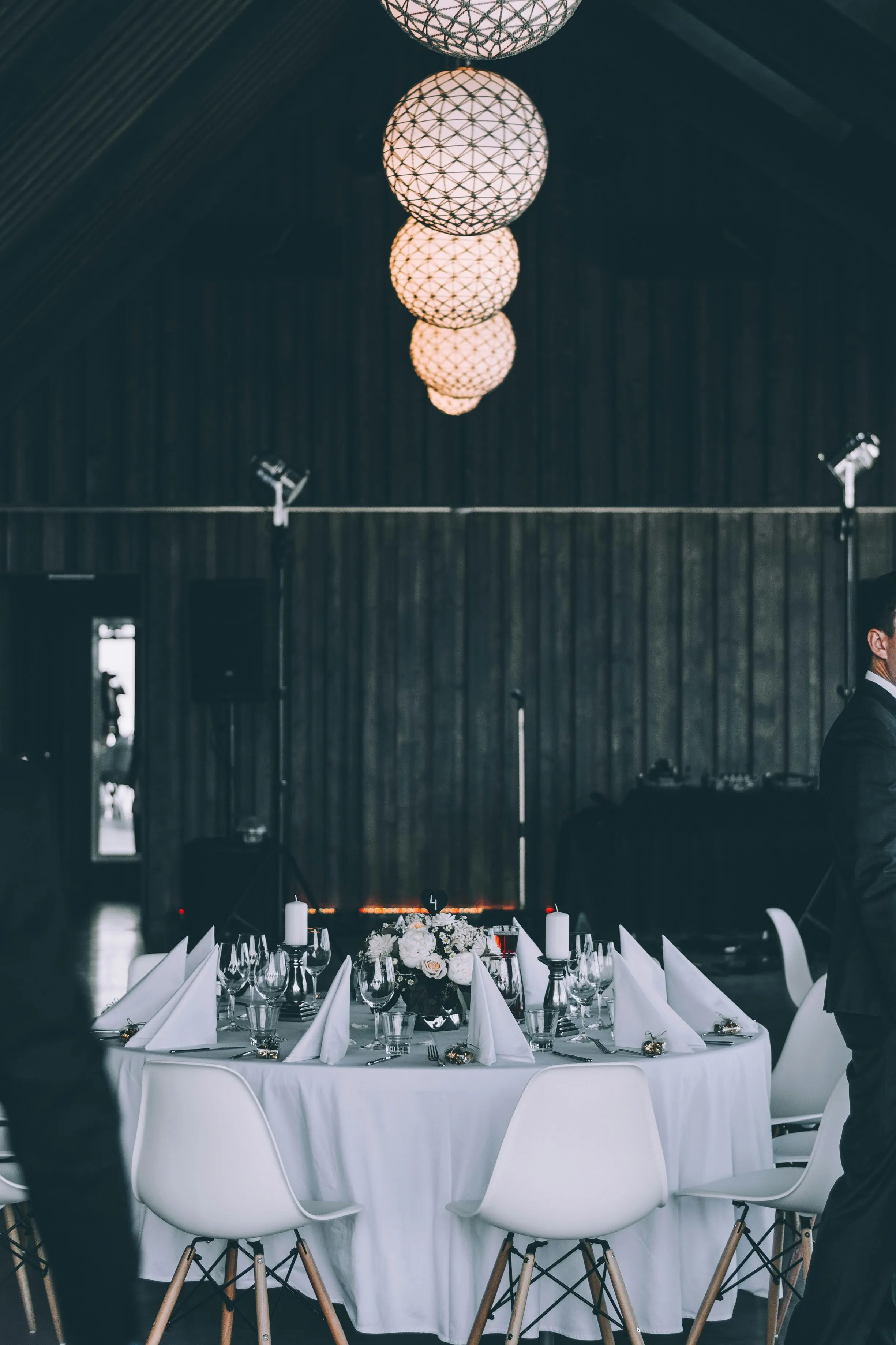 Function room with speakers and table