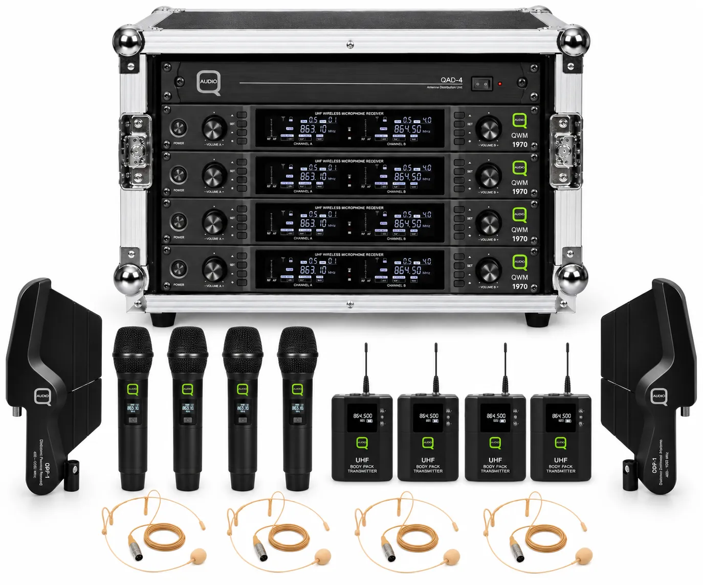 Q-Audio 1970 8-Way Radio Mic Package – 4 Headmics + 4 Handhelds
