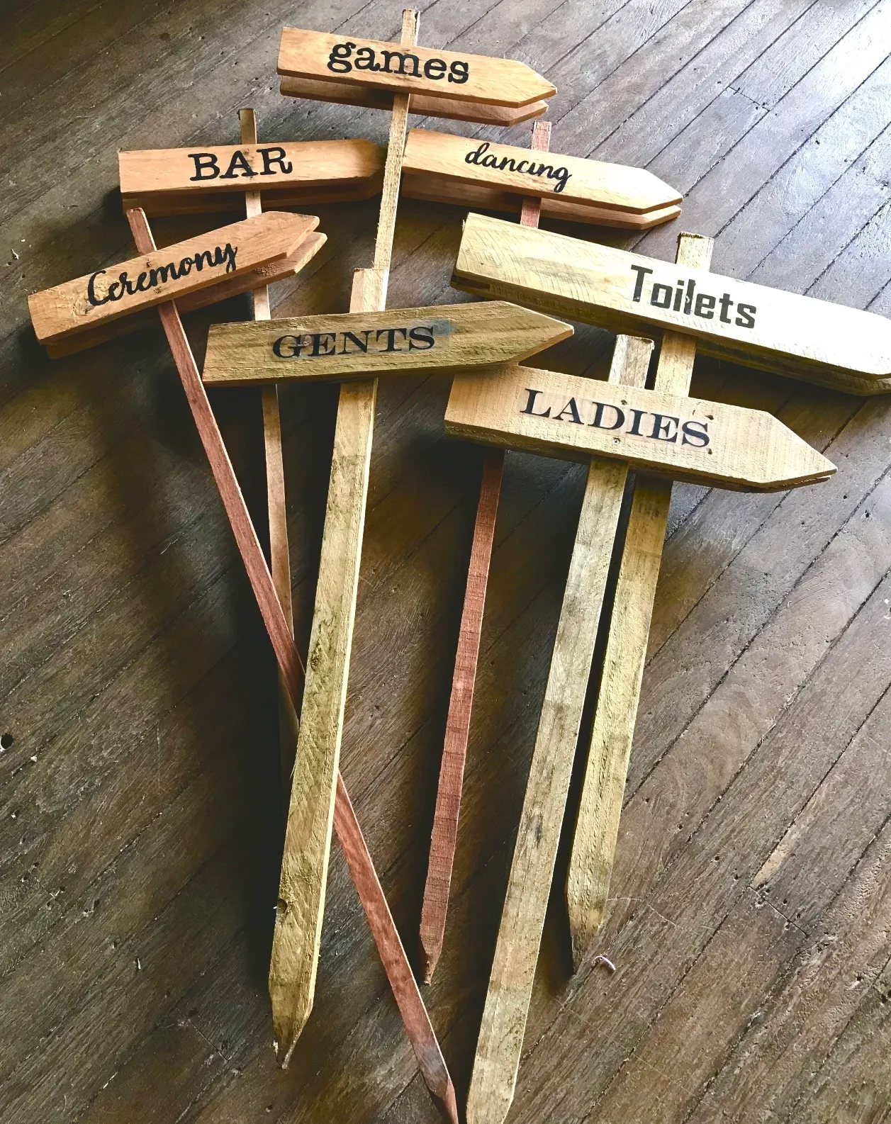 Rustic Wood Signs - Ceremony, Dancing, Toilets, Games and Bar