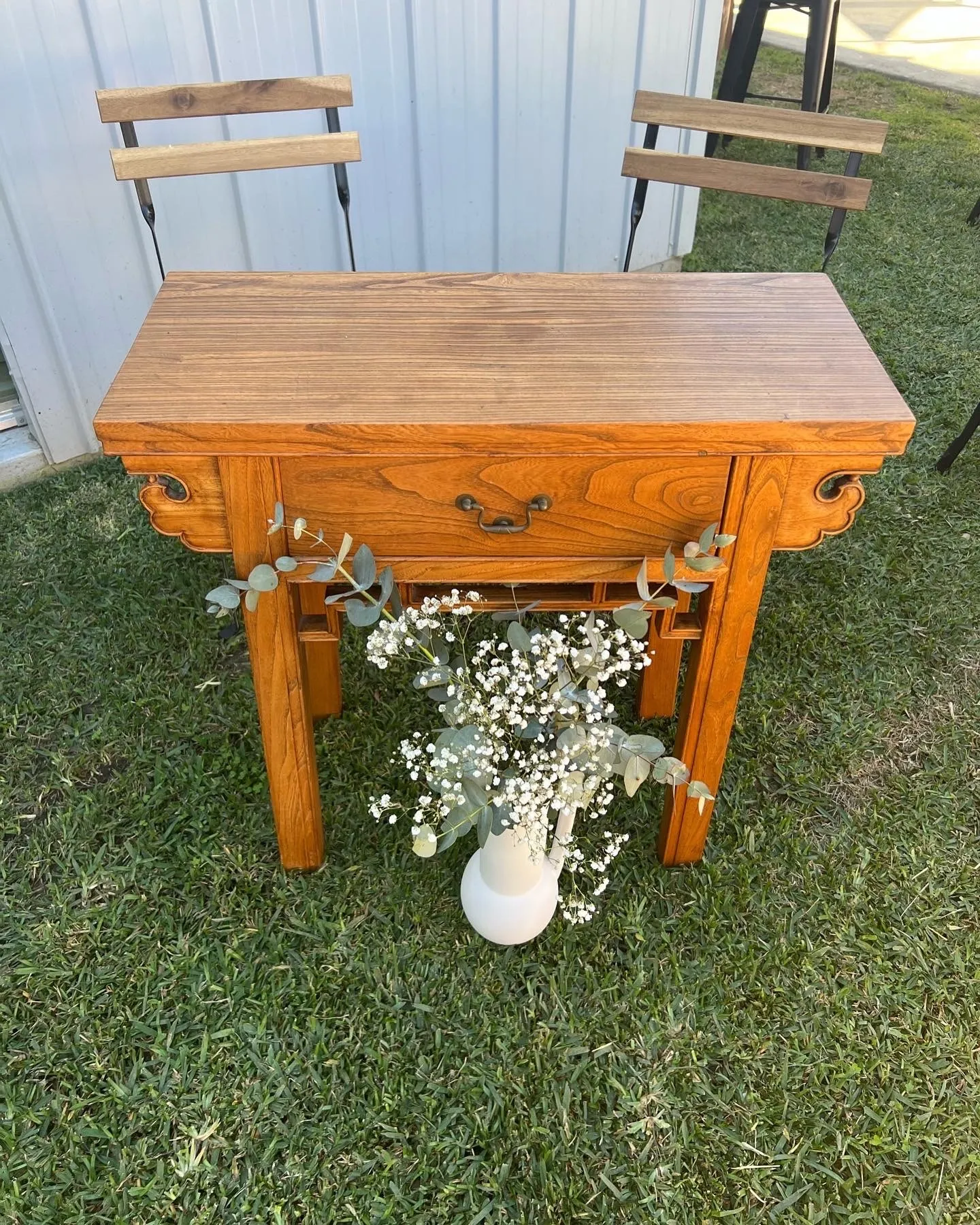 Small Wooden Signing Table with Carved Sides 