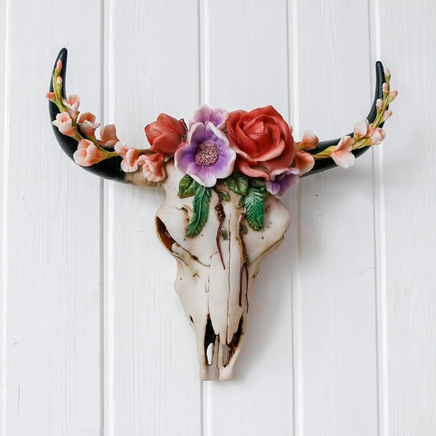 Flower Cow/Bull Resin Skull 