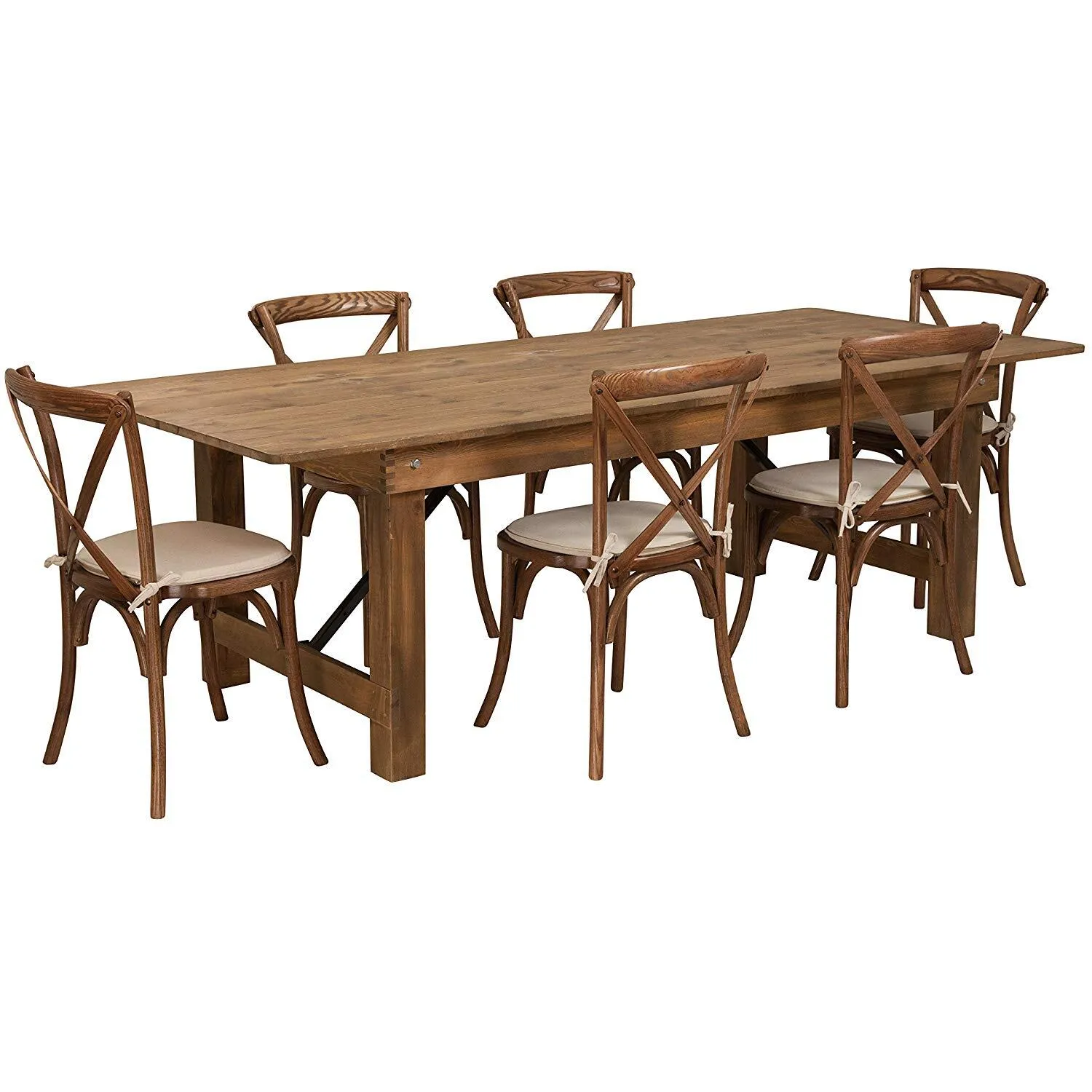 50 Walnut Cross Back Chairs + 5 Farm Tables 8FT