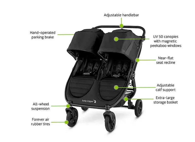 Double Baby Jogger Citi Mini Stroller + Fan + Rain Cover + Stroller Organizer 