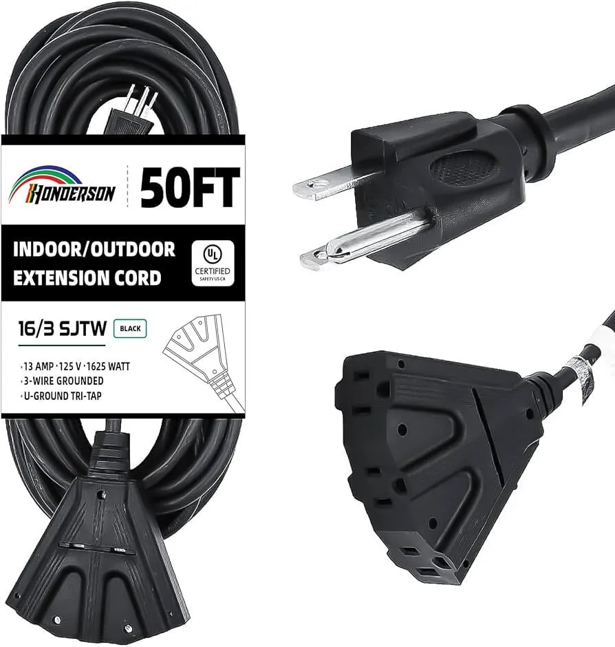 Honderson 50FT Extension Cord with 3 Power Outlets