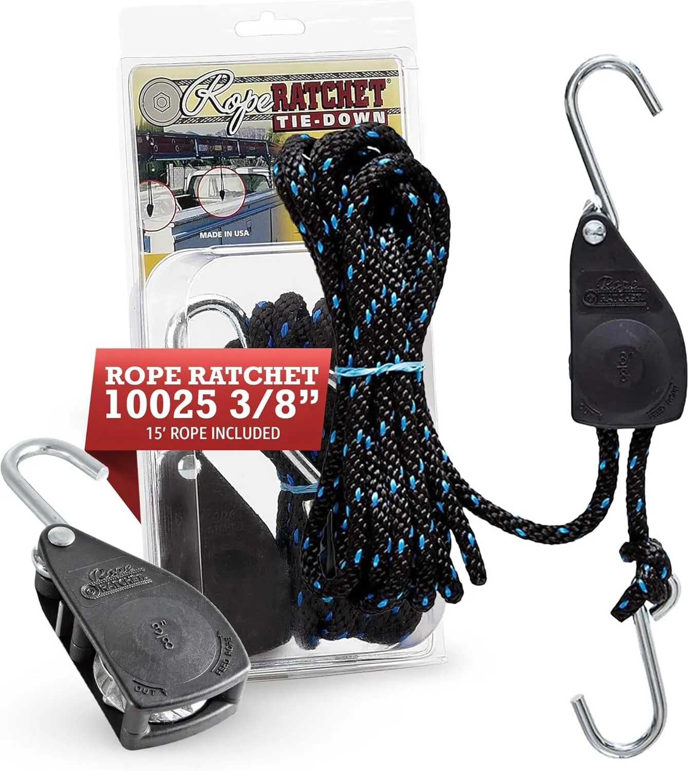 Rope Ratchet 10025 3/8" Rope Ratchet with 15' Solid Braided Polypropylene Rope