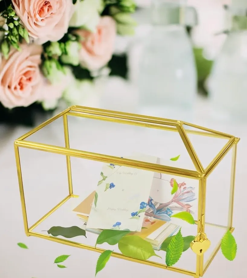 Large Gold & Glass Card Box with Lock & Key (12.6"x5.9"x9.0")