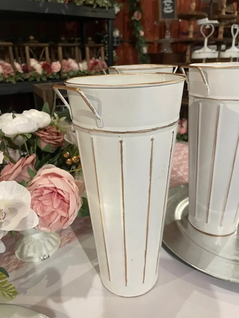 White Metal Buckets with Gold Accents