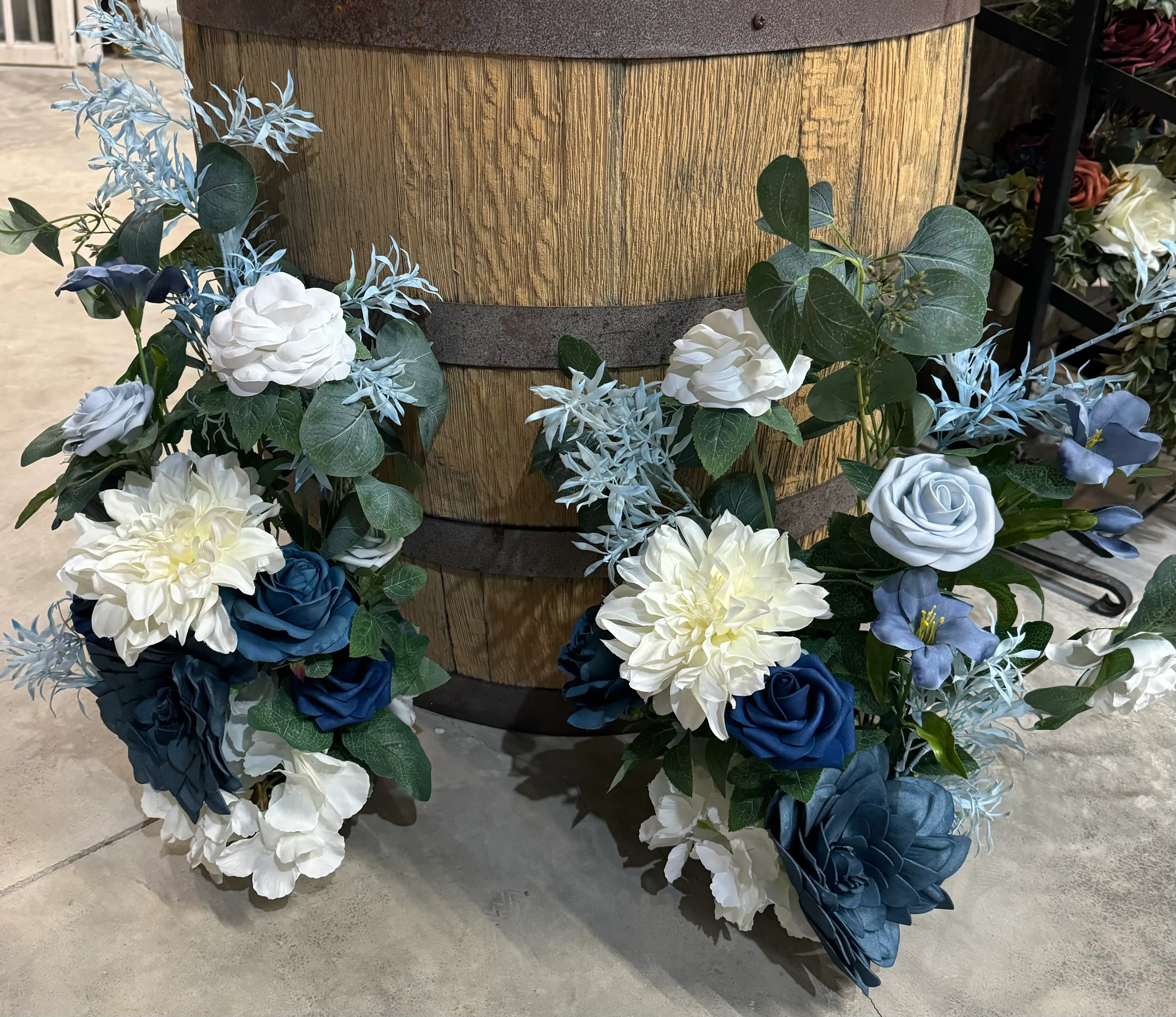 Wedding Aisle Flower Arrangements in Dusty Blue & Navy