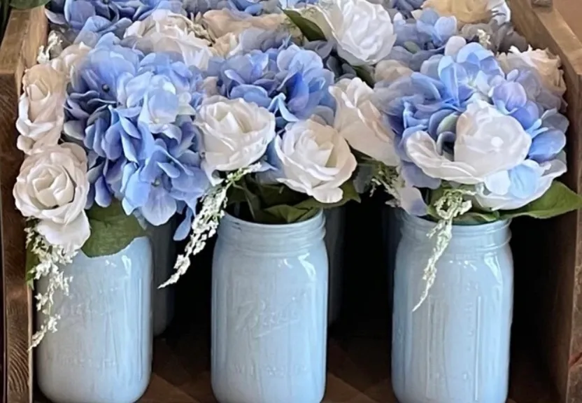 Baby Blue Milk-Panted Mason Jars with Flowers