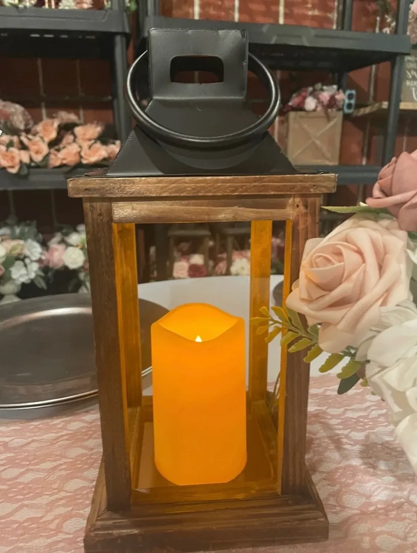 Wood Lanterns (Closed-Top with Handles) with LED Pillar Candles