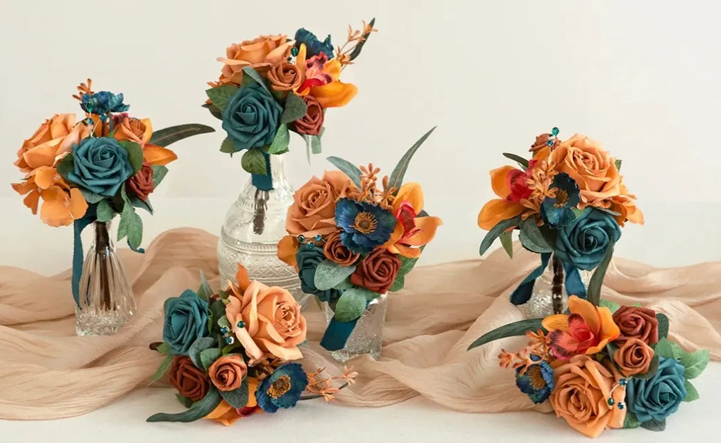 Mini Centerpiece Flowers in Dark Teal & Burnt Orange