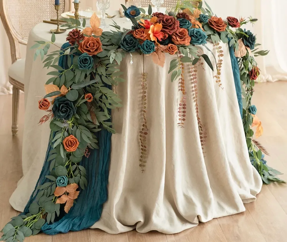 9’ Head Table Flower Garland in Dark Teal & Burnt Orange