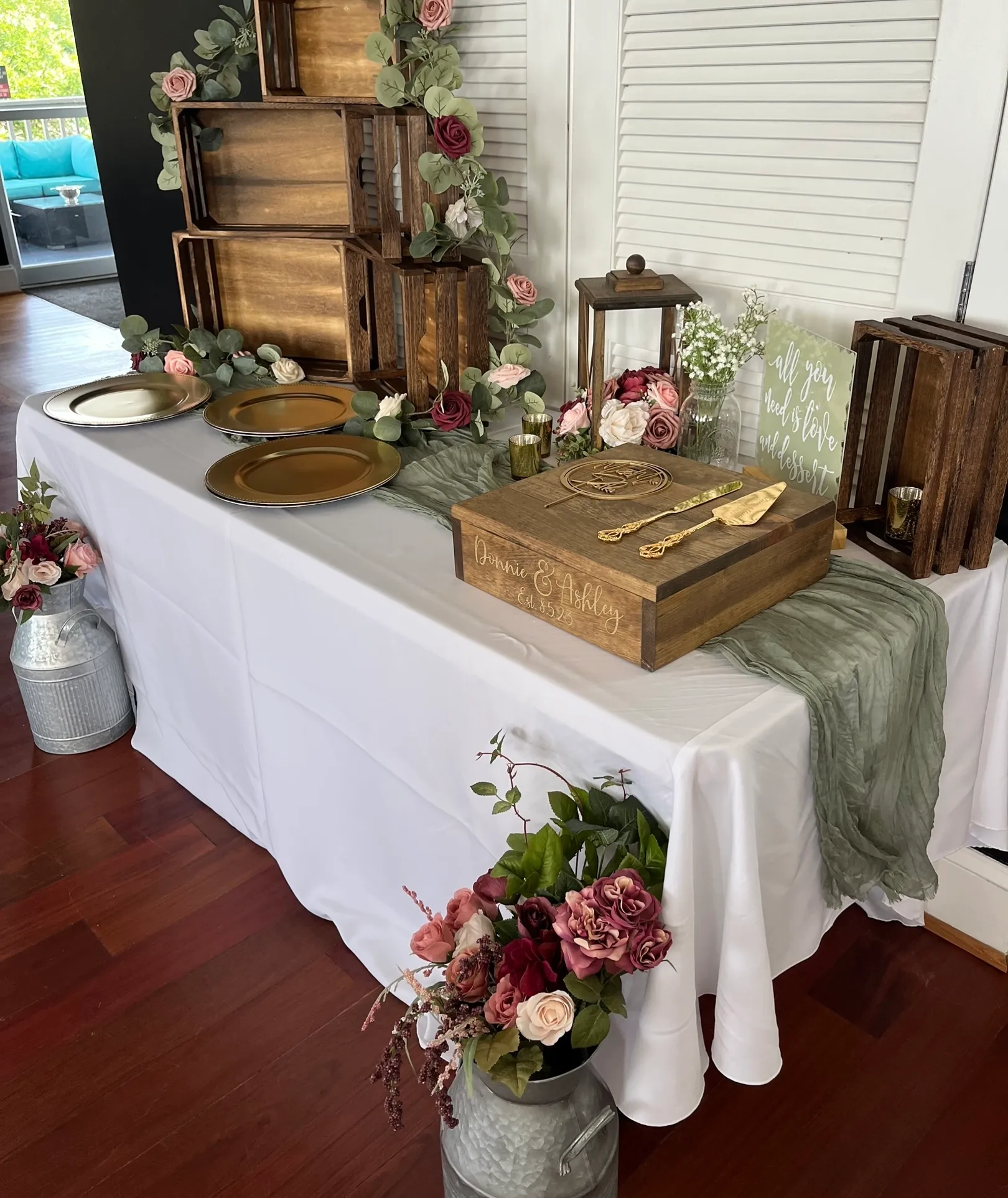 Large Metal Buckets with Dusty Rose Flowers 