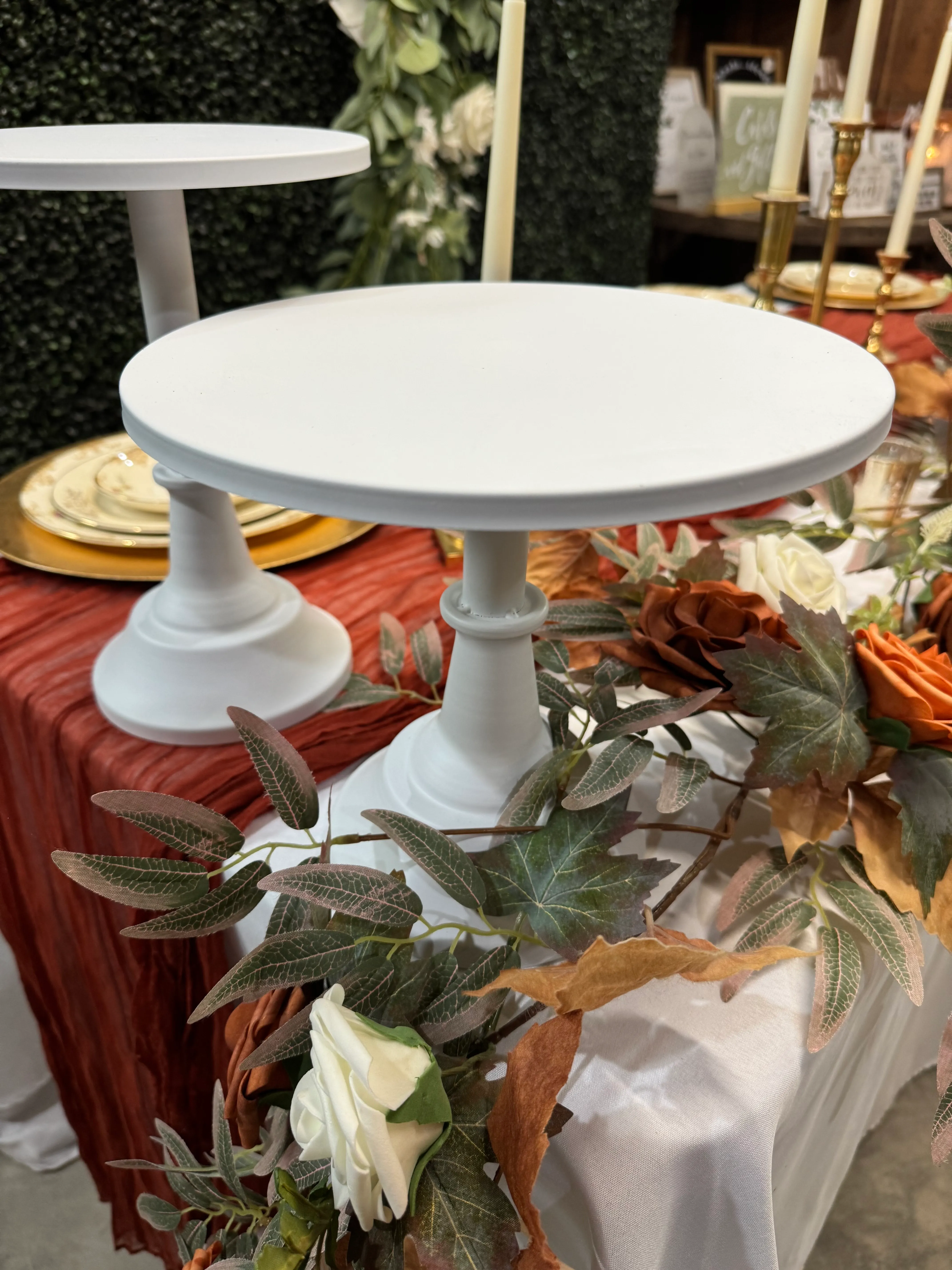 White Metal Cake Stand (9" tall x 10" wide)