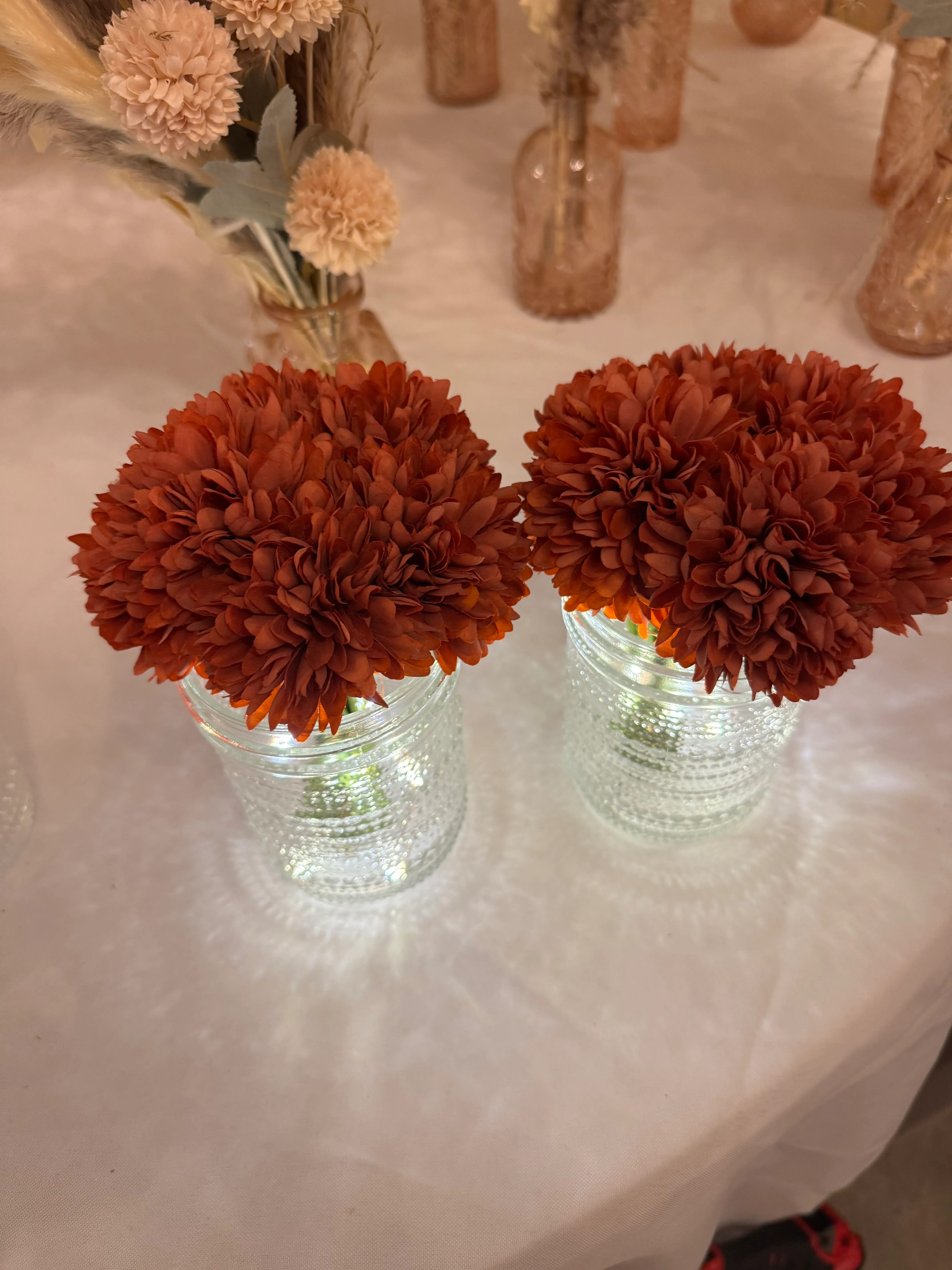 Burnt Orange Flowers in Beaded Mason Jars with Fairy Lights